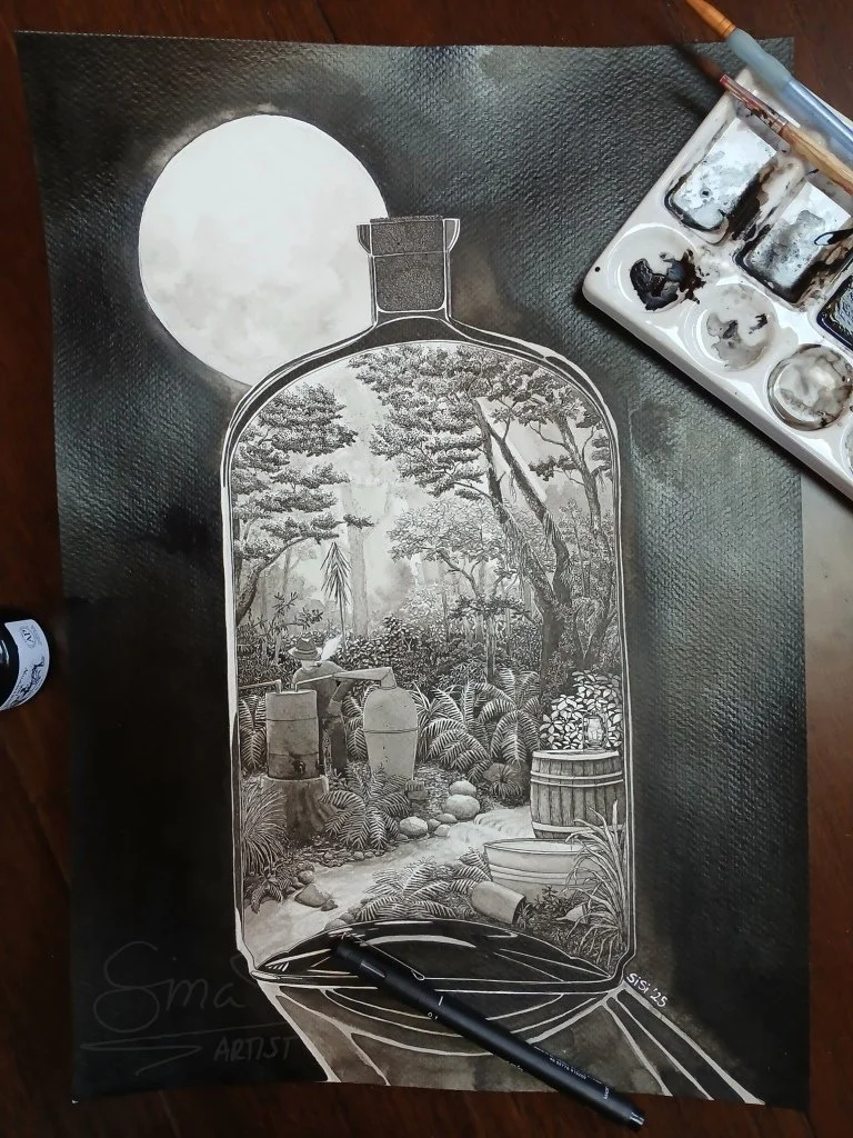 Ink drawing Still of the Night by Sina Sibler, depicting a moonlit flask with copper still, lone figure, creek, and barrels — inspired by Hokonui Hills bootlegging history.