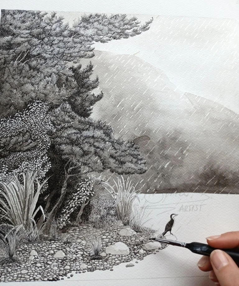 Ink drawing of Lake Gunn shore in Fiordland with a shag perched on a rock in pouring rain, highly detailed original art by Sina Sibler