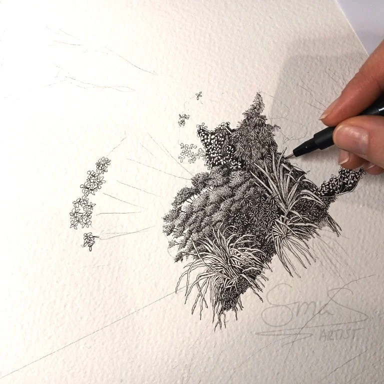 The Lighthouse, a detailed black and white ink drawing inspired by Fiordland’s wild coast. A beam of light reveals a New Zealand fur seal and Fiordland crested penguin in a quiet, imagined scene. Hand-drawn on Fine Art Paper by artist Sina Sibler