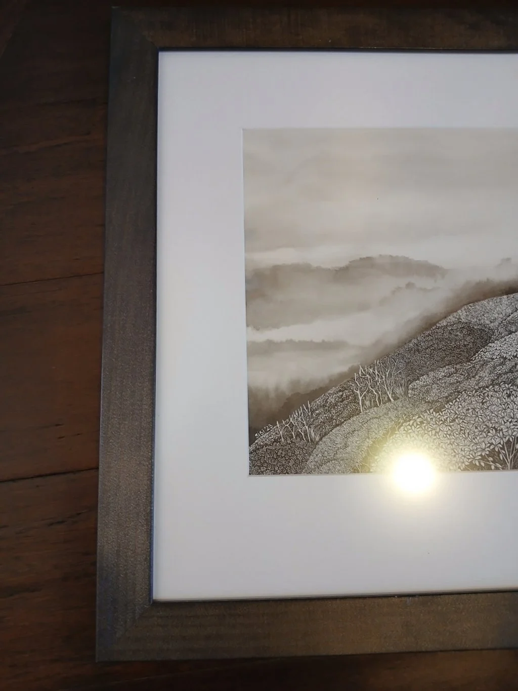 Framed Black and white ink drawing of Fiordland alpine bush and mist, inspired by the Hump Ridge Track, highly detailed landscape by Sina Sibler