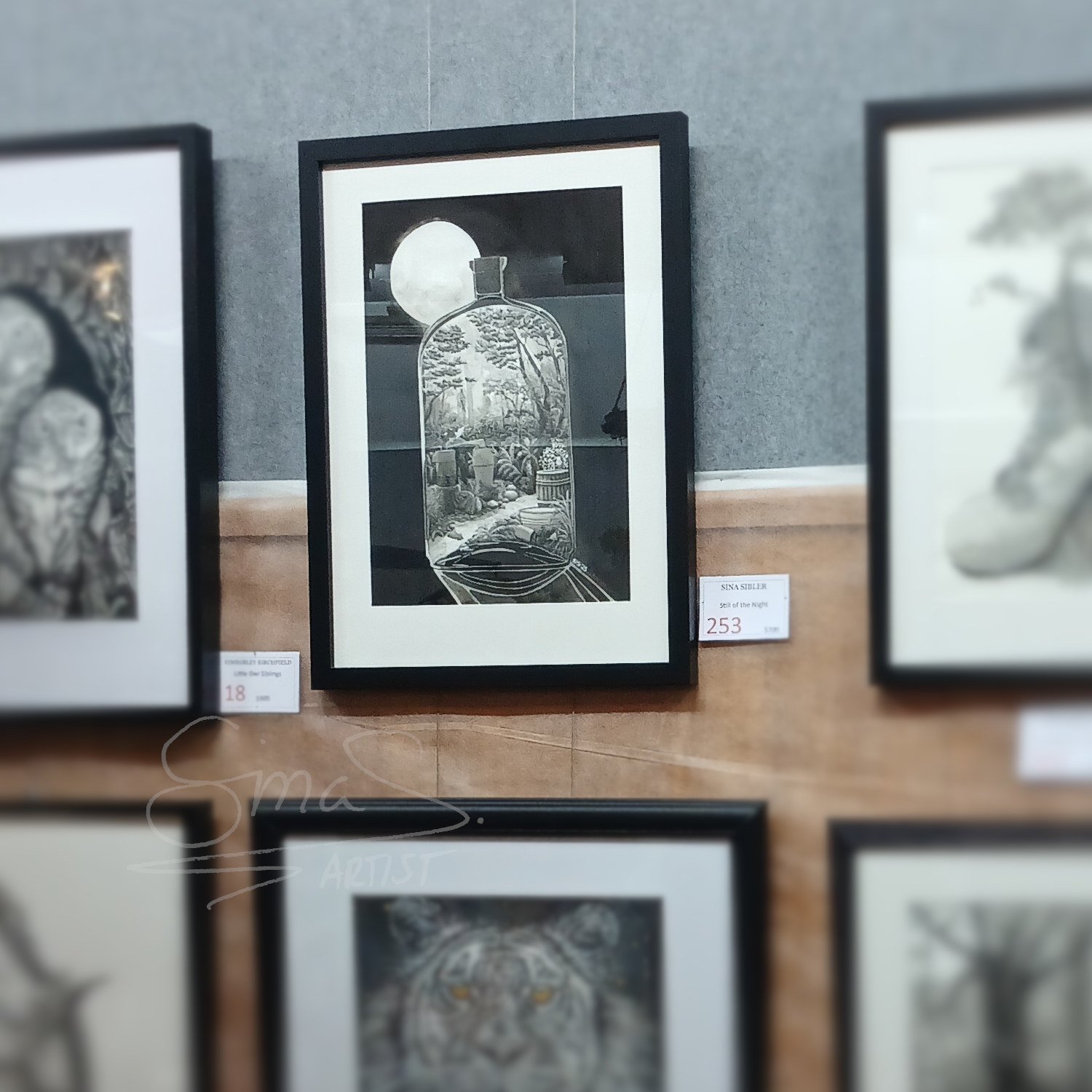 Ink drawing Still of the Night by Sina Sibler, depicting a moonlit flask with copper still, lone figure, creek, and barrels — inspired by Hokonui Hills bootlegging history.