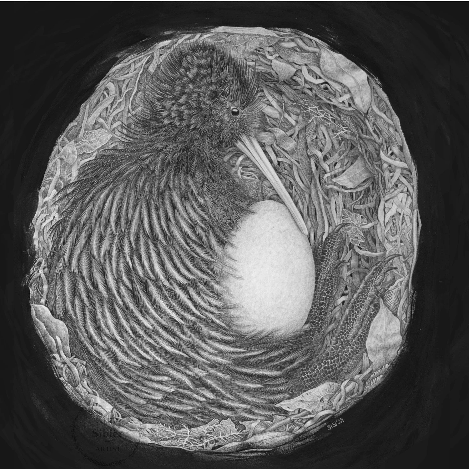 Graphite Drawing Kiwi Nest by Southland based Artist Sina Sibler