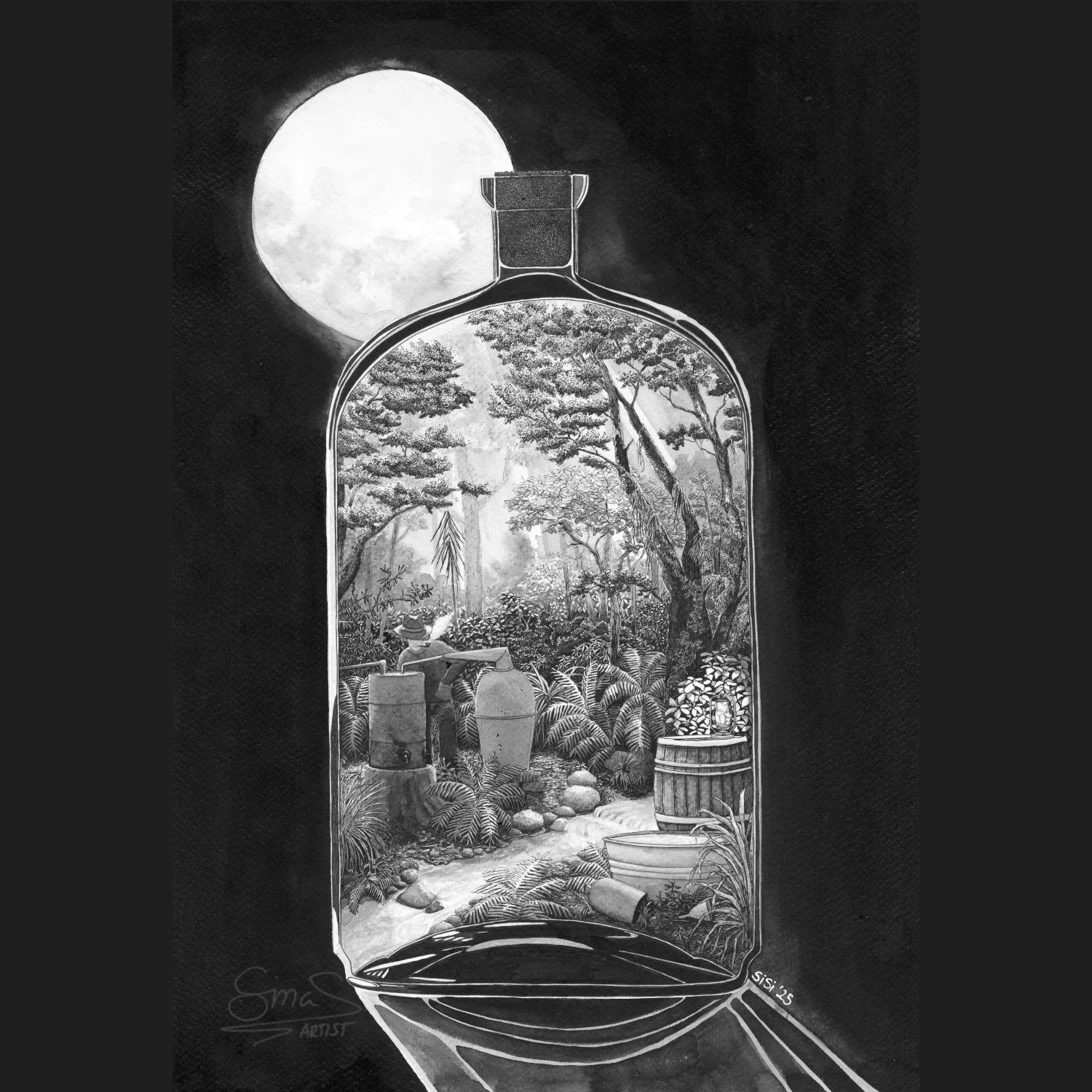 Ink drawing Still of the Night by Te Anau Artist Sina Sibler