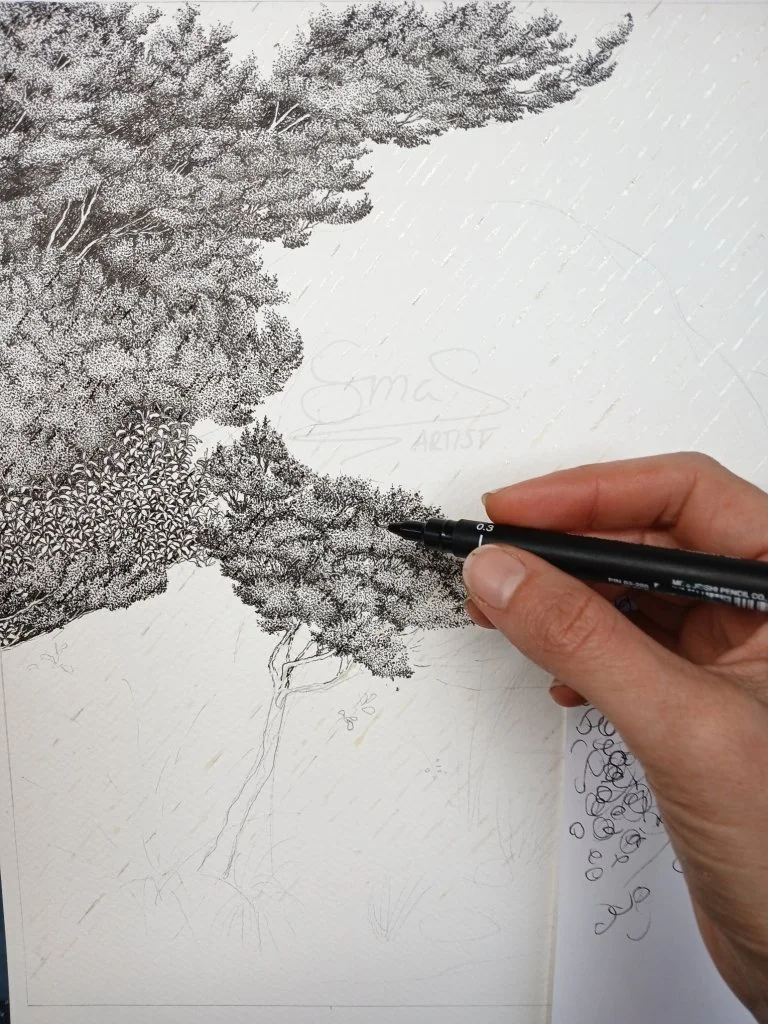  close up of an Ink drawing of Lake Gunn shore in Fiordland with a shag perched on a rock in pouring rain, highly detailed original art by Sina Sibler