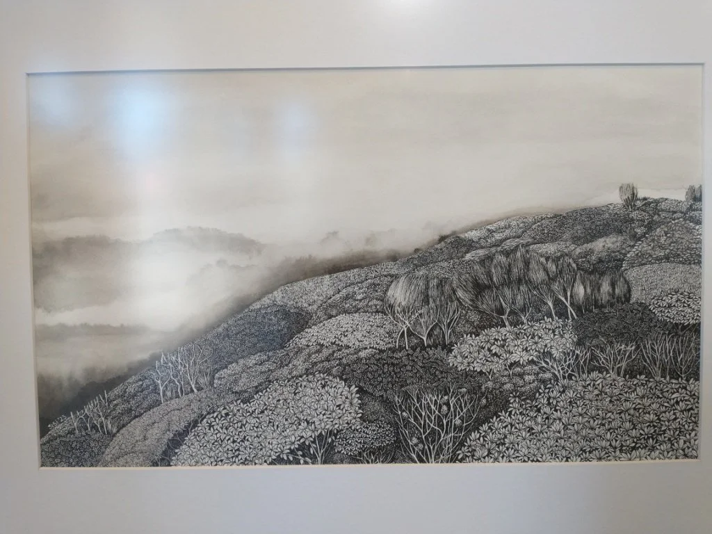 Black and white ink drawing of Fiordland alpine bush and mist, inspired by the Hump Ridge Track, highly detailed landscape by Sina Sibler