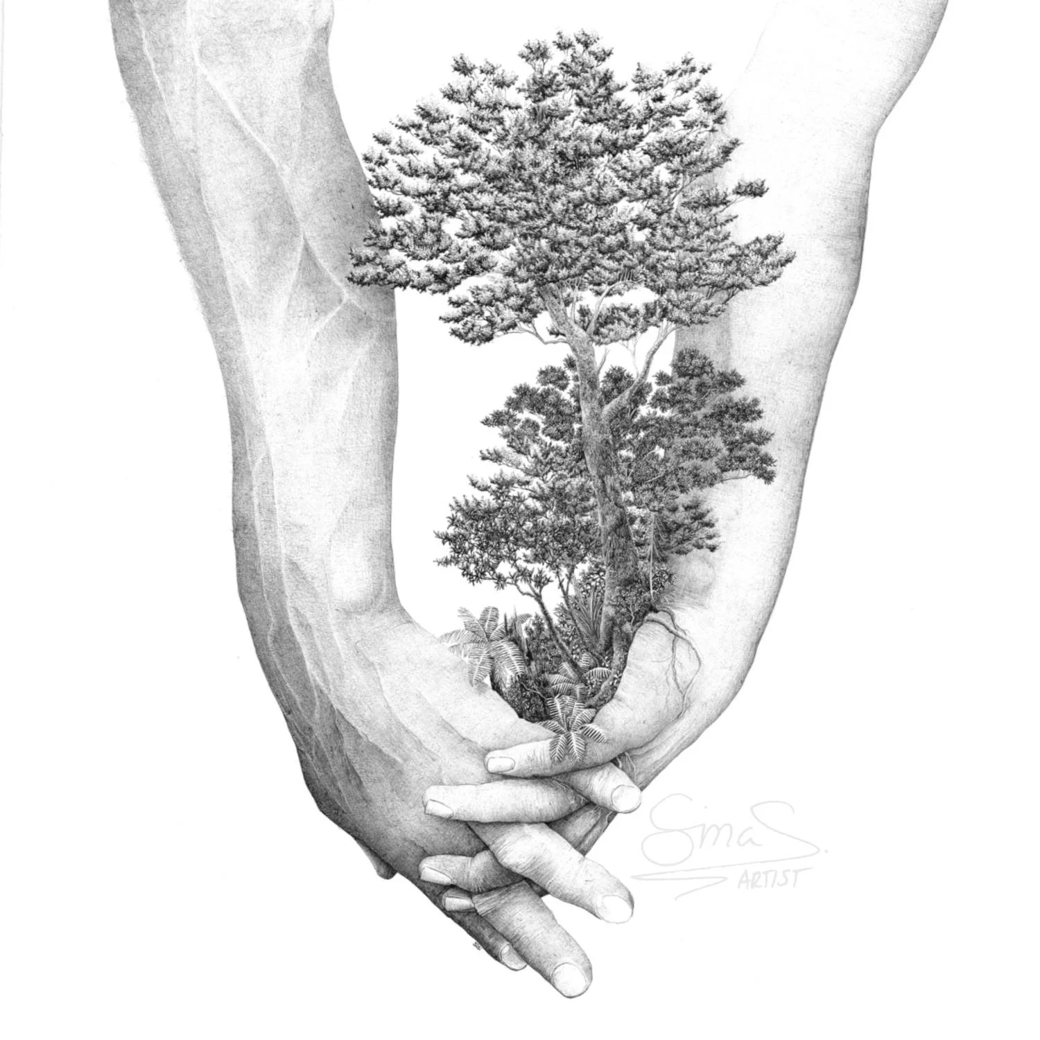 Intricate surrealistic black and white Ink Drawing of a pair of hands with a Fiordland forest growing out of their palms by New Zealand Artist Sina Sibler based in Te Anau