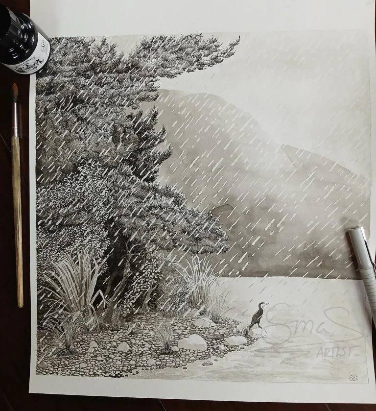 Ink drawing of Lake Gunn shore in Fiordland with a shag perched on a rock in pouring rain, highly detailed original art by Sina Sibler