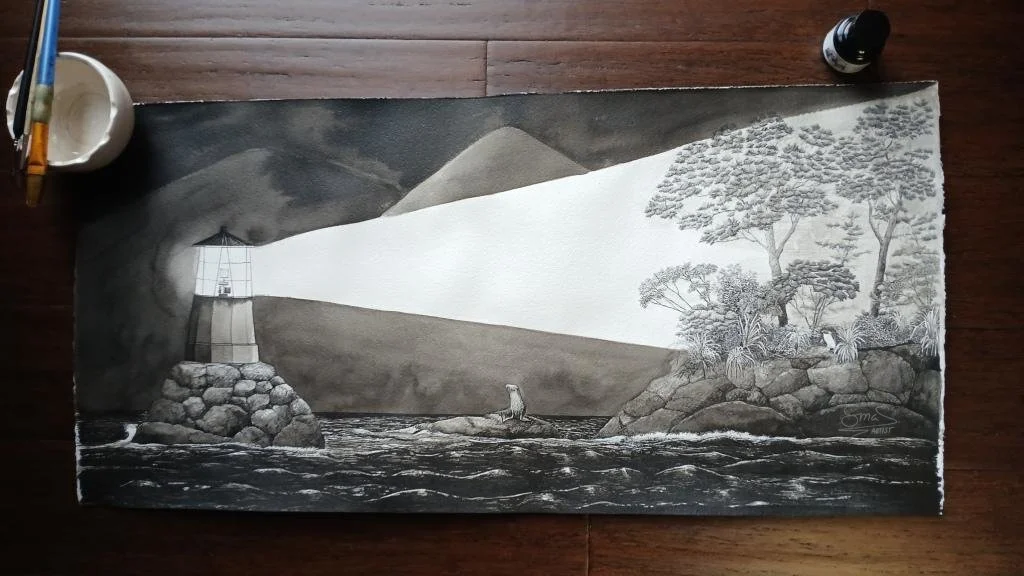 Black and white ink drawing of a Fiordland crested penguin and fur seal illuminated by a lighthouse beam, by New Zealand artist Sina Sibler