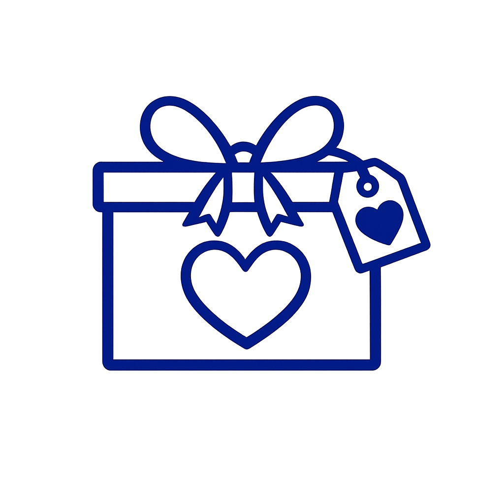 Outline of a wrapped gift box with a bow and a heart on the front, and a gift tag with a heart on it, all in blue line art.