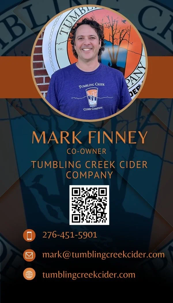 Business card for Mark Finney, co-owner of Tumbling Creek Cider Company, featuring his photo, company logo with trees and river, contact information including phone number, email, website, and a QR code.