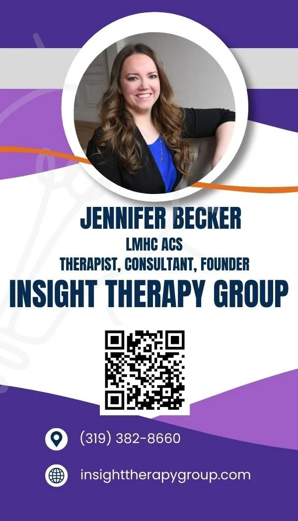 Business card for Jennifer Becker, therapist and founder of Insight Therapy Group. Features her photo, name, title, contact number, website, and a QR code.