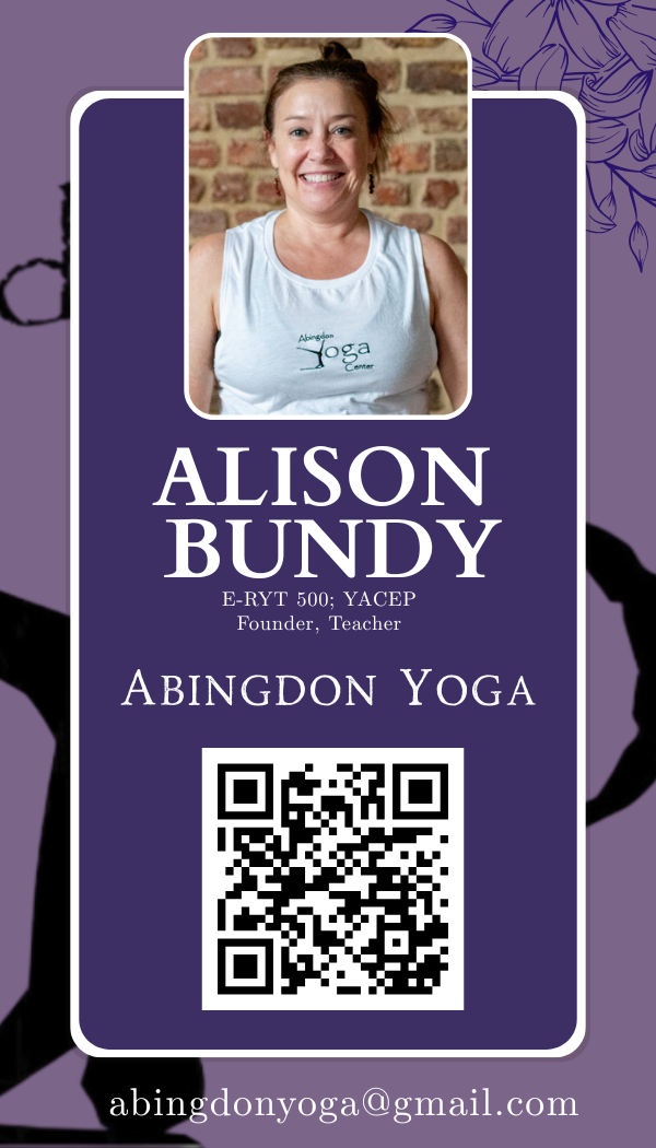 Business card for Alison Bundy, founder and teacher at Abingdon Yoga. Contains a photo of Alison smiling, with her contact information and a QR code.