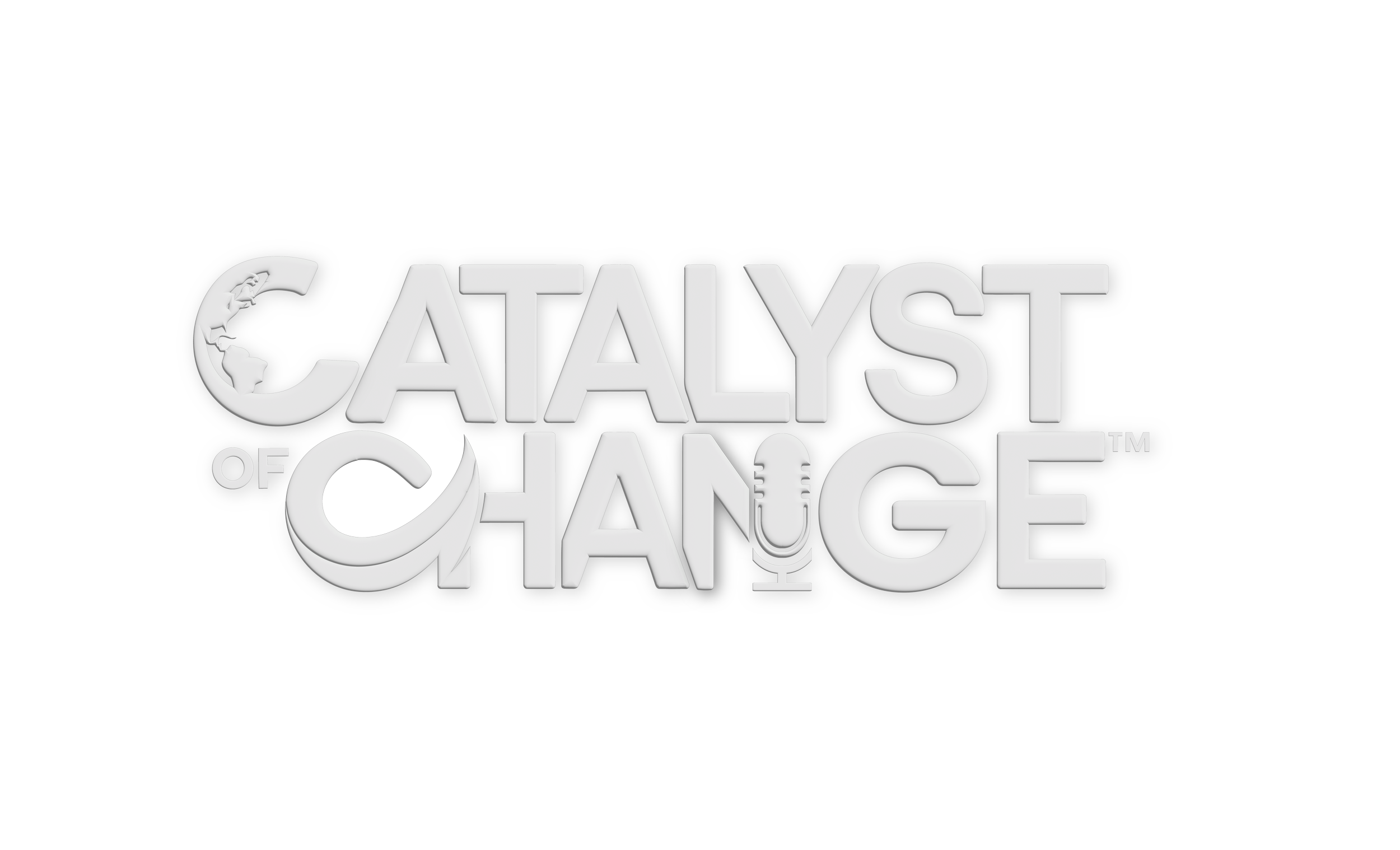 Gray logo with the words "Catalyst of Change" and a microphone in place of the letter "A" in "Change," with a globe and a star design in the upper left part of the logo.