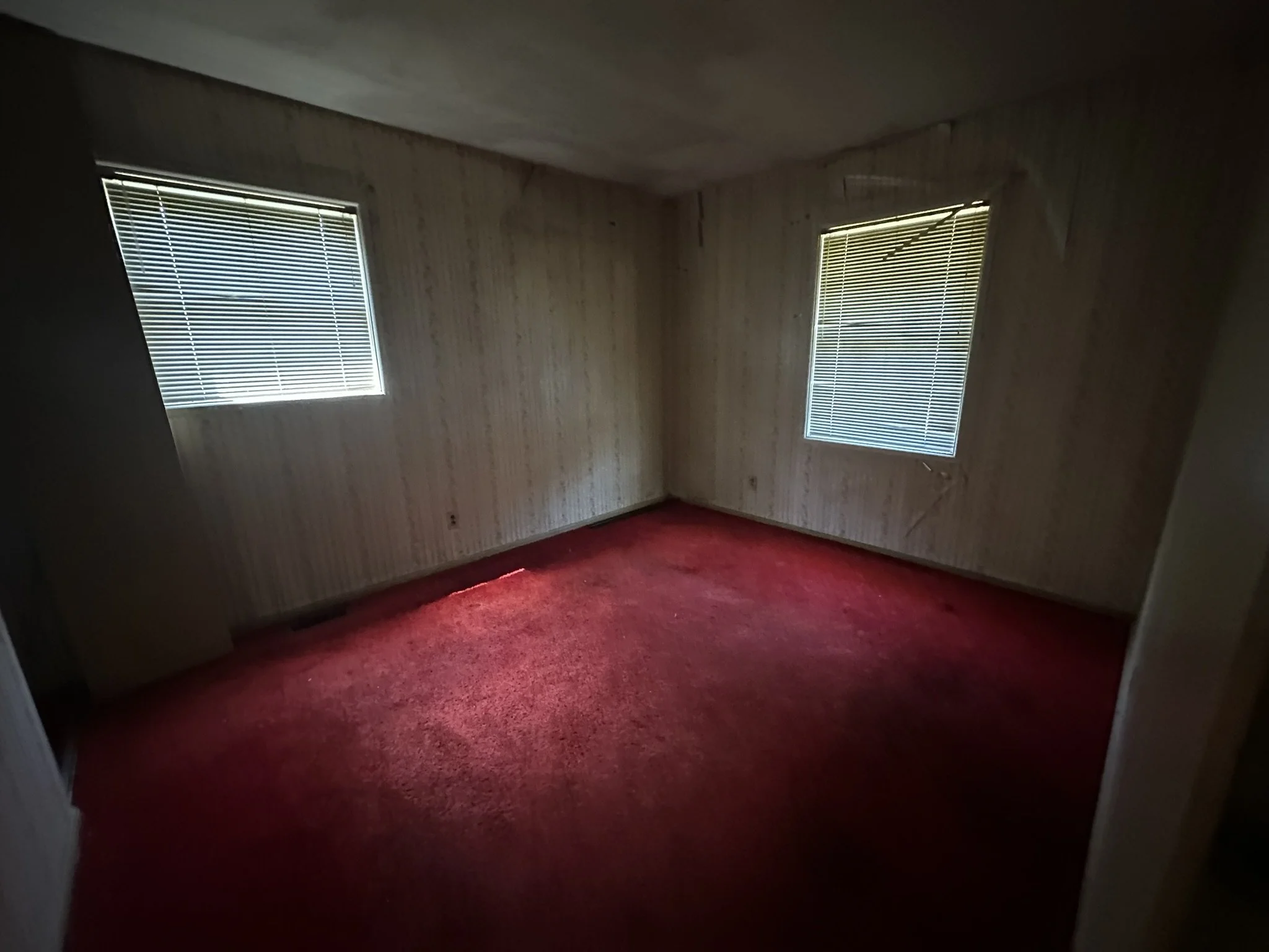Empty room with red carpet, wood-paneled walls, and two windows with blinds.