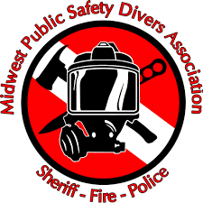 Logo of the Midwest Public Safety Divers Association featuring a diver's helmet, a rescue hook, and a pair of gloves, with text indicating sheriff, fire, and police.