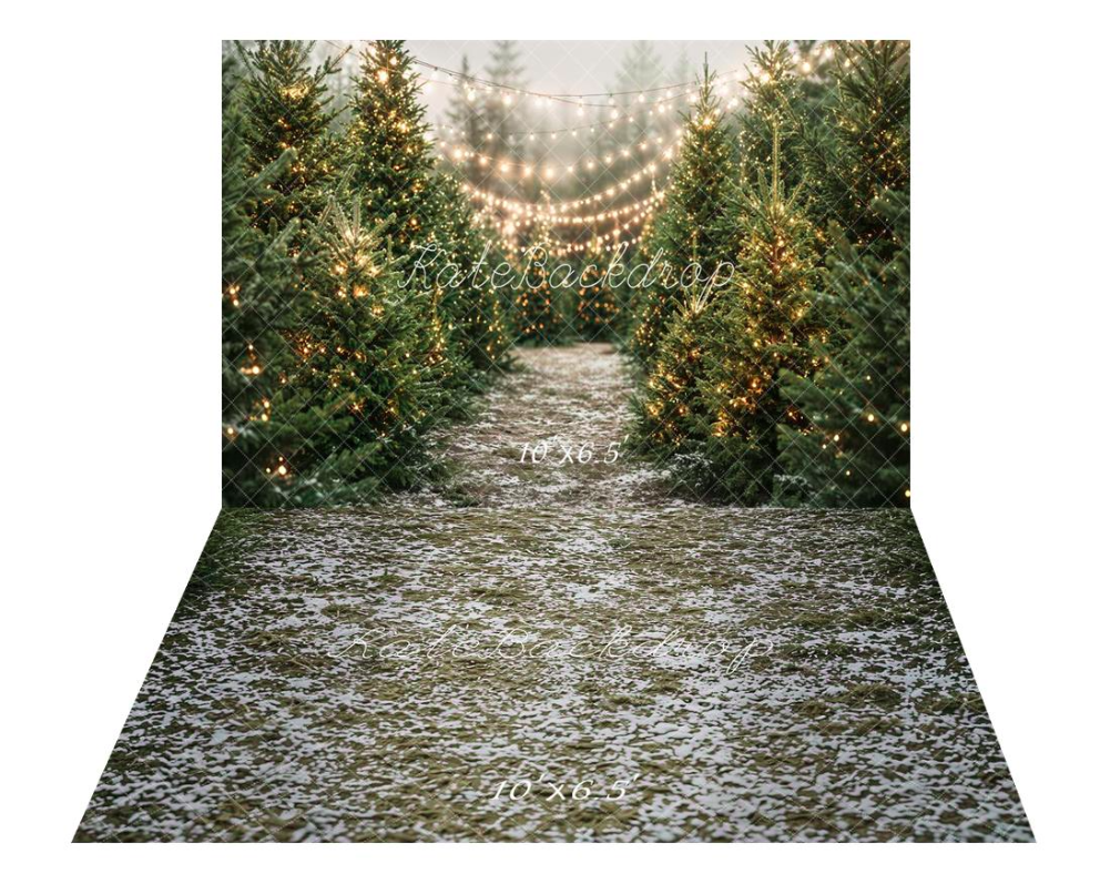 Pine Tree Forest String Lights & Snowy Grass (2pc) - Kate Backdrop - Micro Fiber - 7'x5'