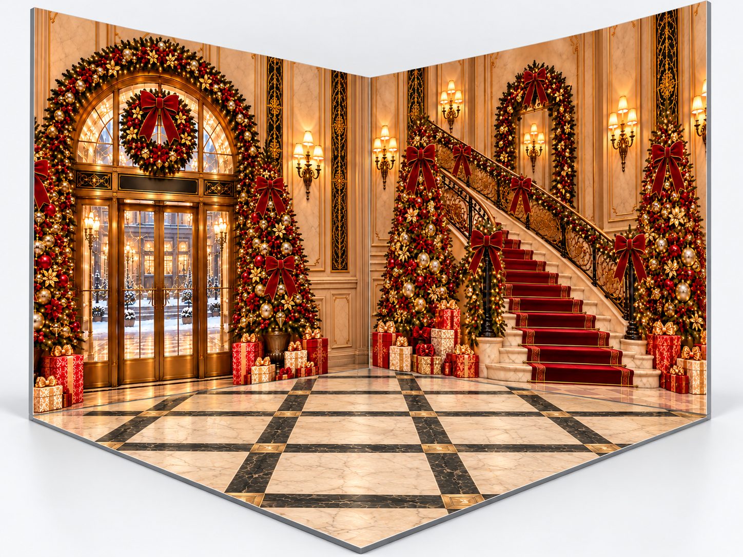 Christmas Hotel Lobby - Kate Backdrop - Micro Fiber - 12'x9' right wall, 8'x9' left wall, & 12'x8' floor 