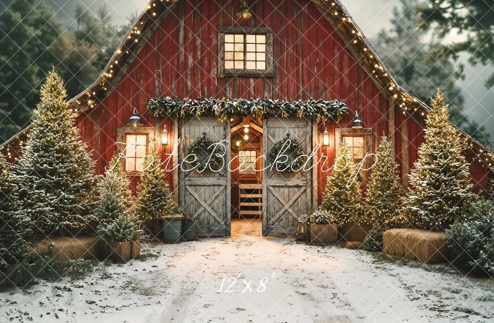 Red Barn Snowy Pine Trees & Winter Snowy Ground Floor (2pc) - Kate Backdrop - Micro Fiber - 12'x8' (1 of 2)