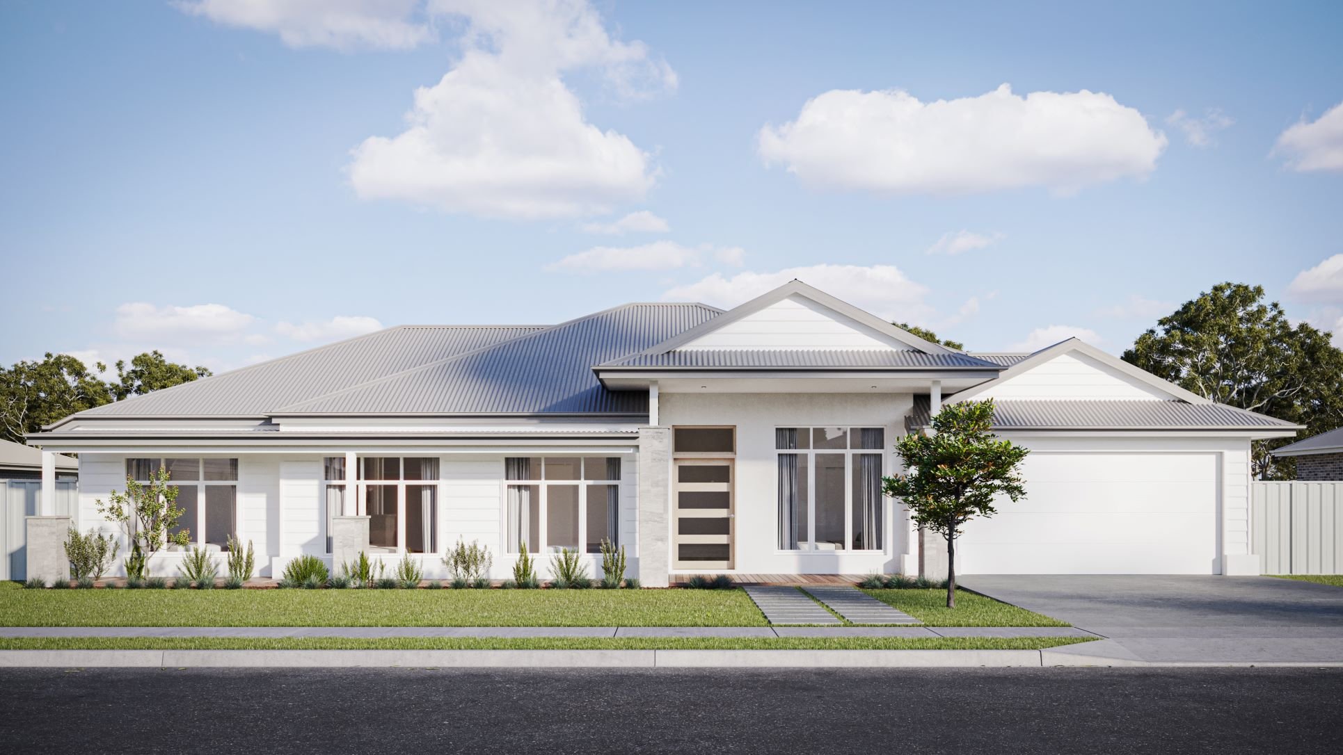 An exterior image of a Forge Mathew Homes facade option featuring a light render façade, double garage, and landscaped entryway in regional Victoria.