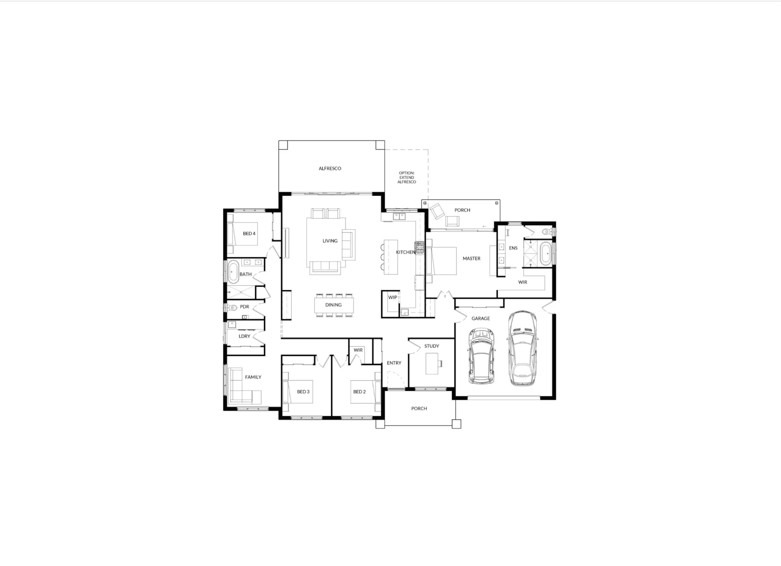 A detailed architectural plan showing a Forge Mathew Homes four-bedroom layout with central living spaces and functional family-friendly design.