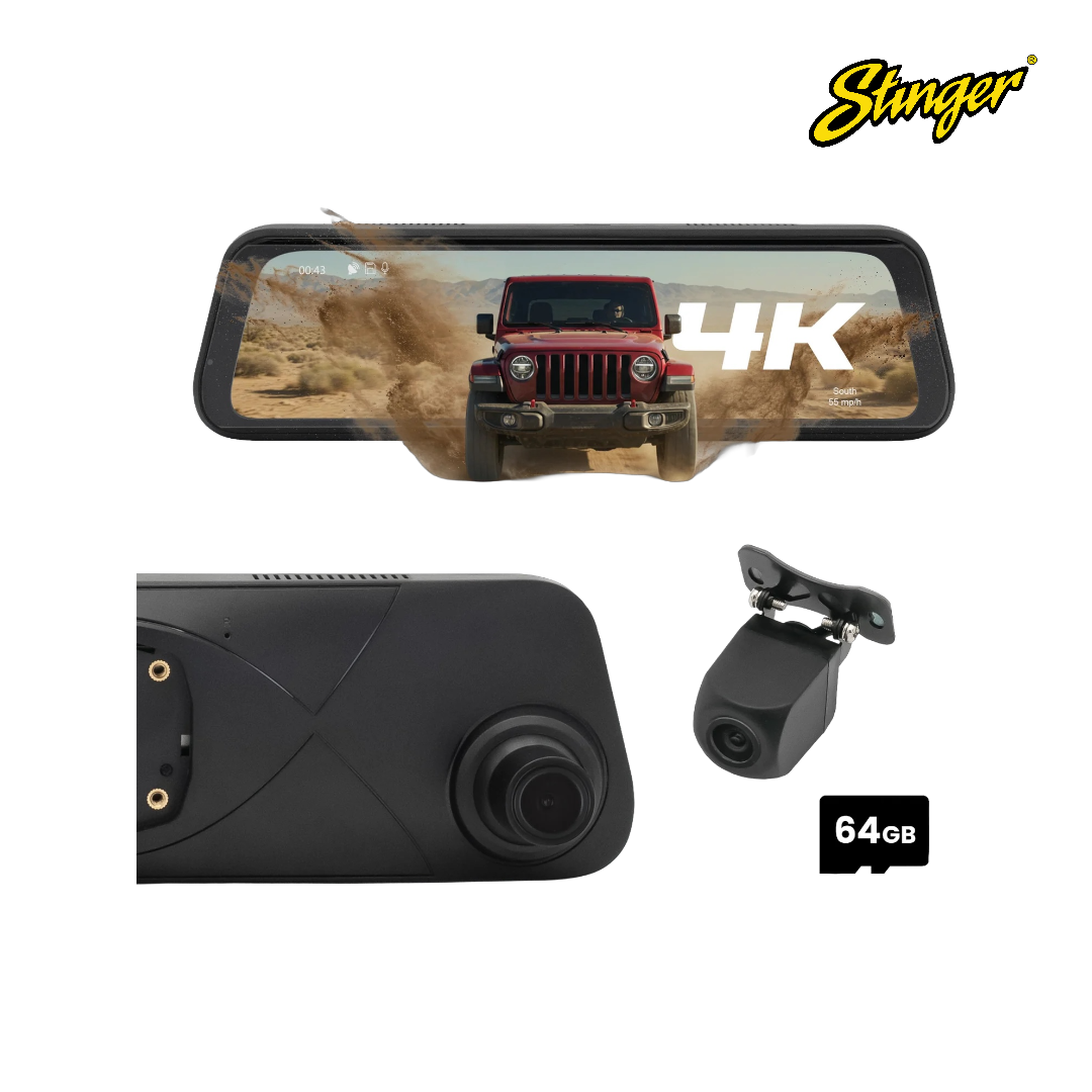 Stinger STR4K 9.66" 4K RearView DVR Monitor Mirror Camera | Front & Rear Dash/Backup Camera Kit