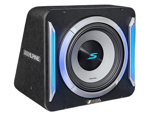 Alpine subwoofer with LED lights in a black enclosure