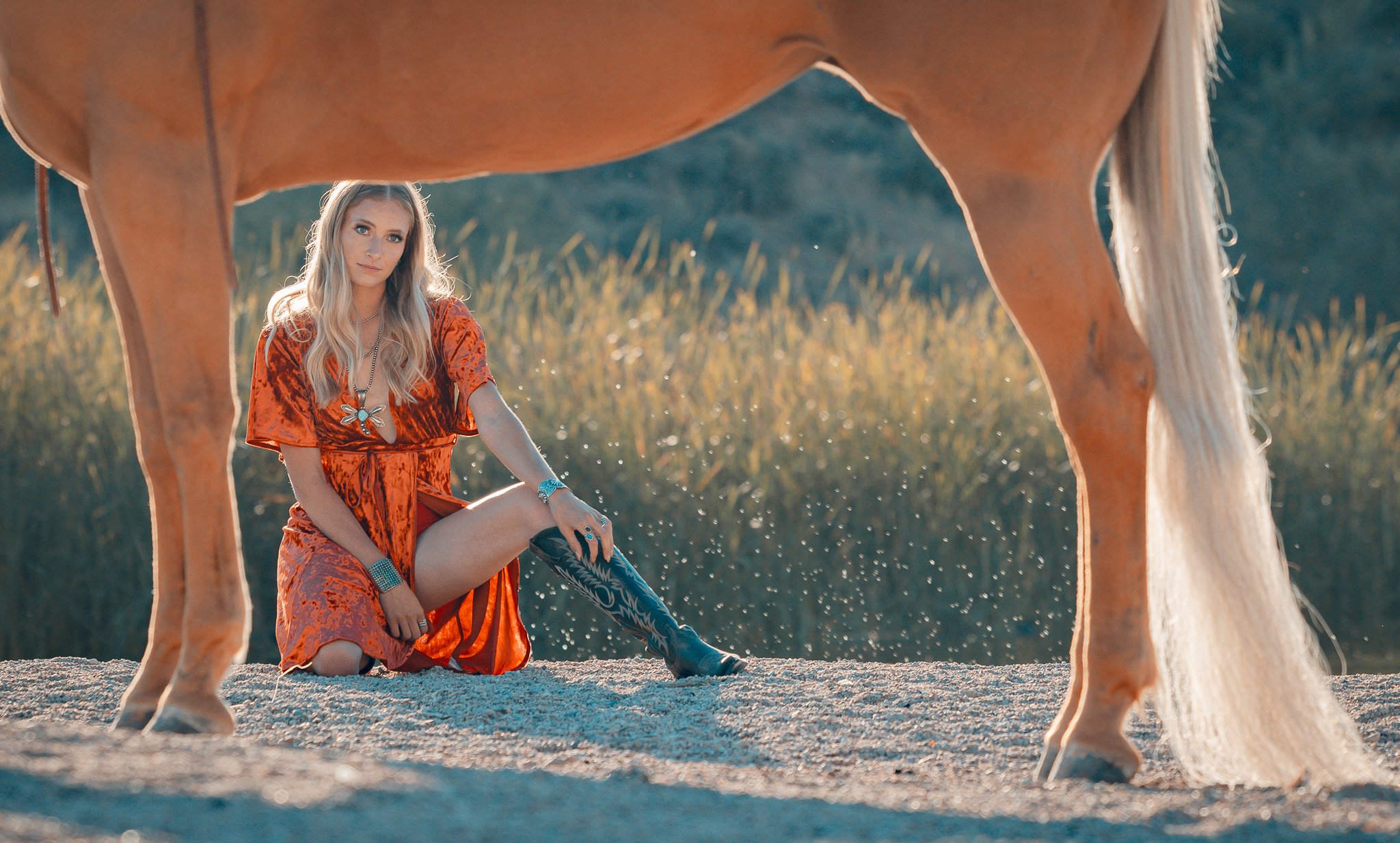 Woman in red dress with horse