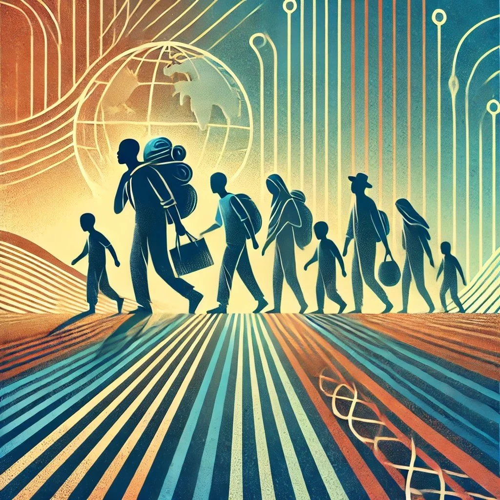 DALL·E 2025-01-22 18.57.52 - A vibrant and symbolic illustration representing human migration. The image features a group of diverse silhouettes walking forward, carrying belongin.jpg