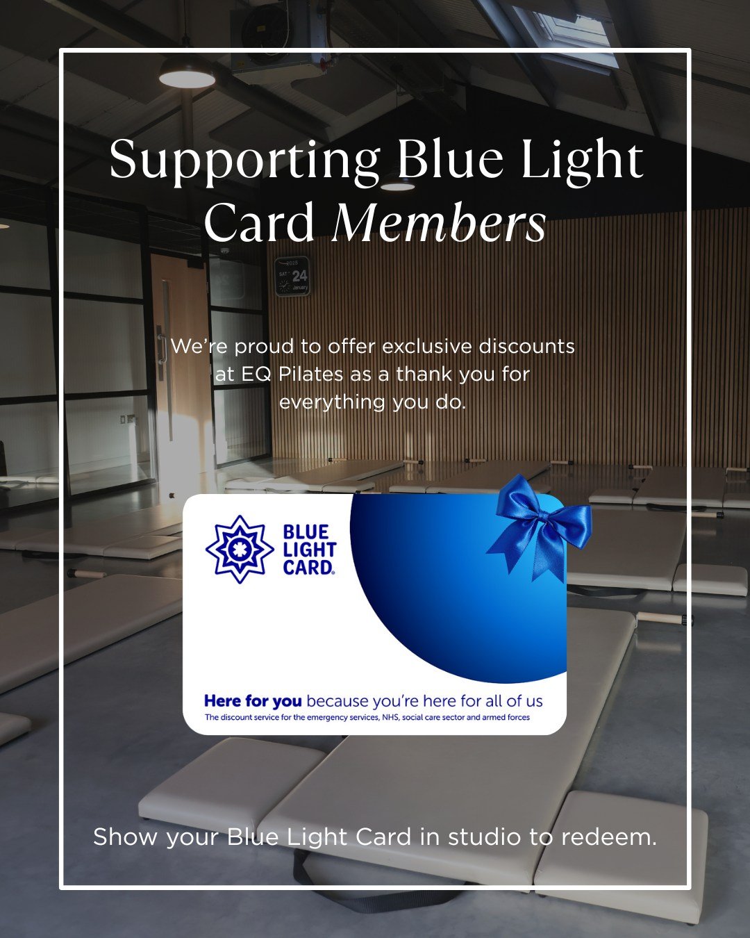 Blue Light Card members - this one&rsquo;s for you 💙

We&rsquo;re proud to support those who support our communities by offering exclusive discounts at EQ Pilates.

Simply show your Blue Light Card in studio to redeem.

#BlueLightCard #EQPilates #Co