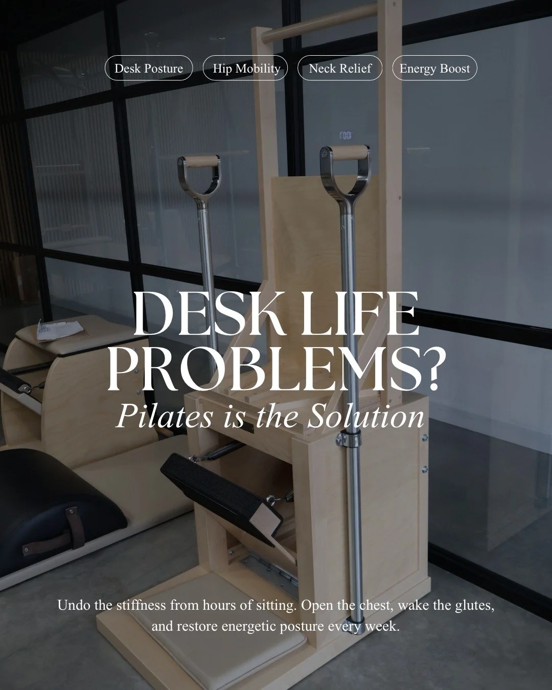 Sitting at a desk all day can leave your body feeling stiff, tight, and out of balance - but it doesn&rsquo;t have to stay that way.

Pilates helps reset your posture, strengthen your core, and release tension built up from hours of sitting. 

Think:
