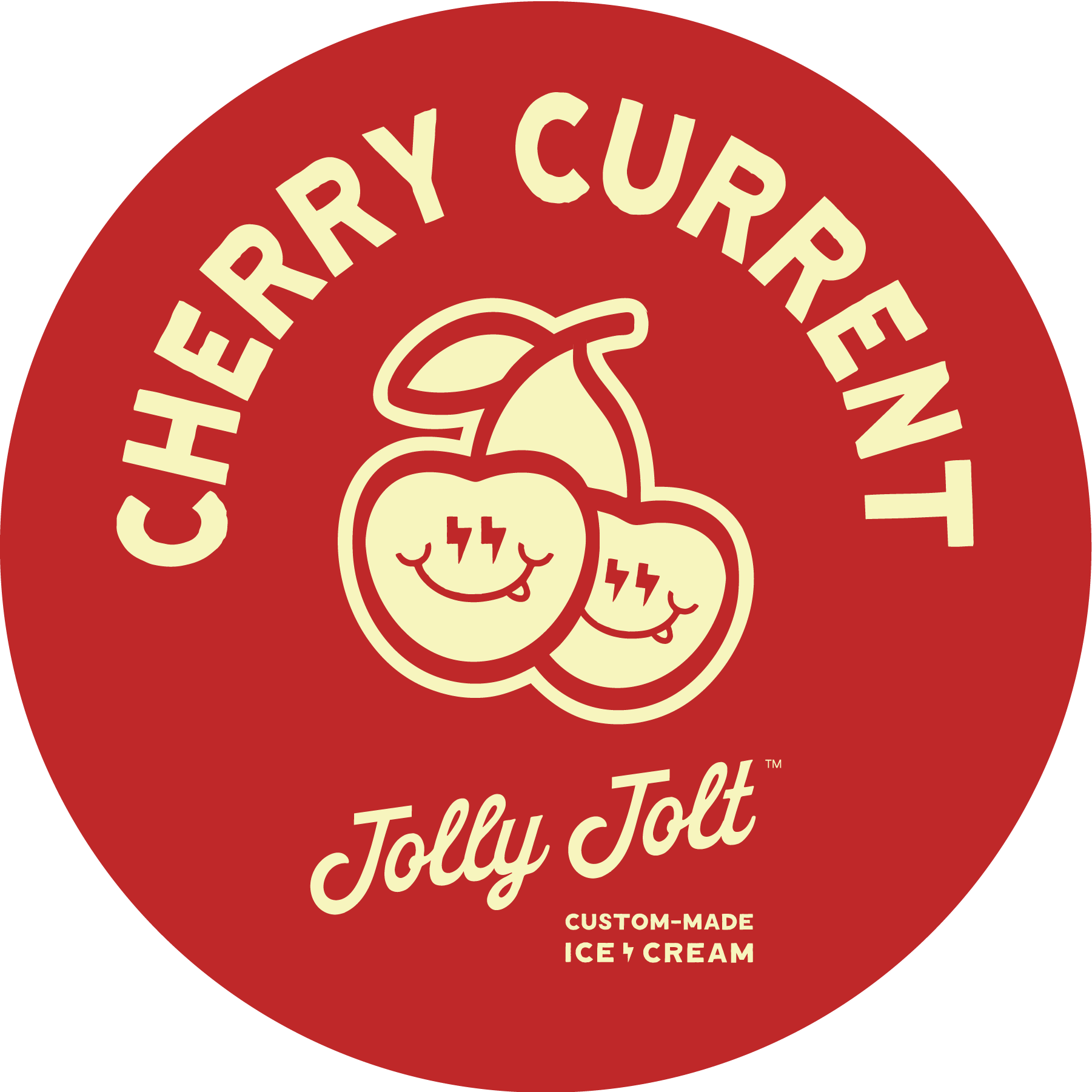Red circular label for Cherry Cherry Crount featuring two cartoon cherries with smiling faces and lightning bolt eyes, and the brand name Jolly Jolt, advertising custom-made ice cream.
