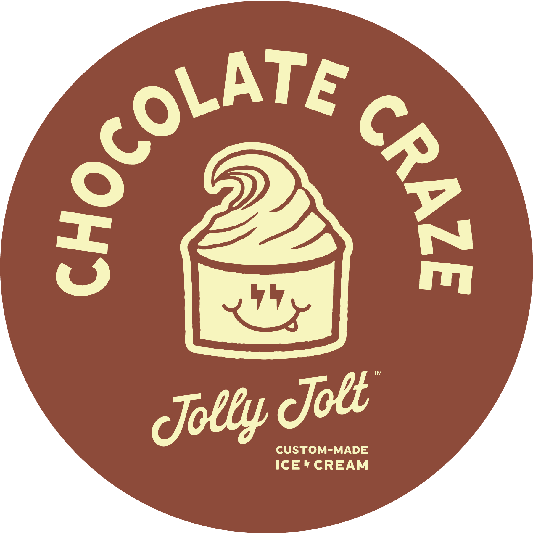 Brown circular logo for 'ChocoChocolate Craze' featuring a smiling cartoon ice cream container with a swirl on top, and the words 'Jolly Jolt' and 'Custom-Made Ice Cream'.