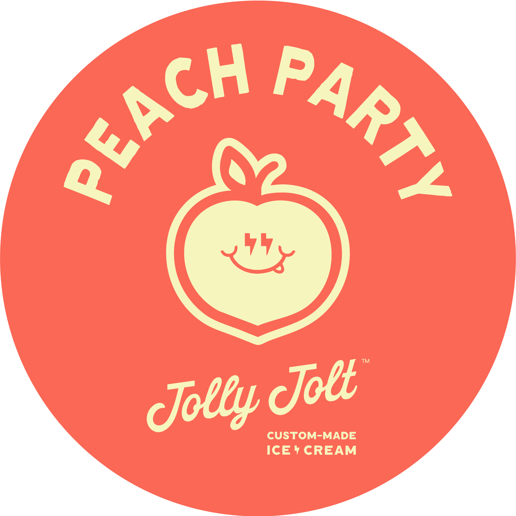 Circular logo for Peach Party ice cream by Jolly Jolt featuring a smiling peach with lightning bolt eyes on a peach-colored background.