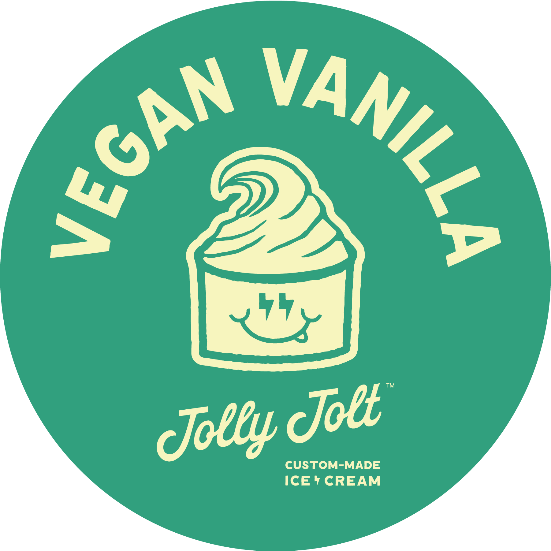 Green circular logo for Vegan Vanilla Jolly Jolt ice cream with a smiling ice cream container with a swirl on top and a small tongue sticking out, and the text "Vegan Vanilla" at the top, "Jolly Jolt" in script at the bottom, and "Custom-made Ice Cream" below.