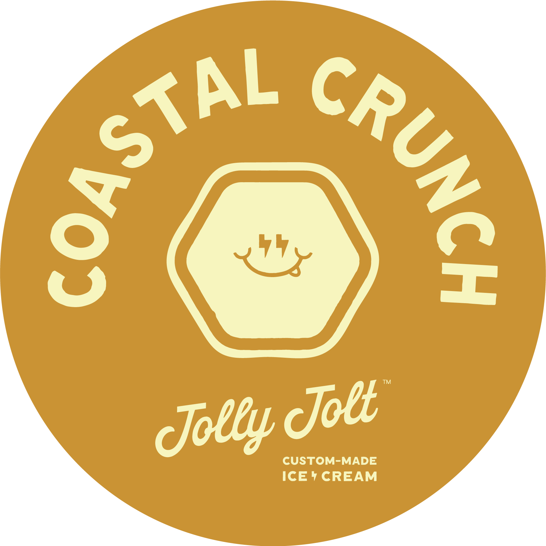 A circular logo for Coastal Crunch Jolly Jolt with a beige background and brown border. It features a smiling face with lightning bolt eyes inside a hexagon at the center. The text reads 'COASTAL CRUNCH' at the top and 'Jolly Jolt' at the bottom, with 'CUSTOM-MADE ICE CREAM' beneath.
