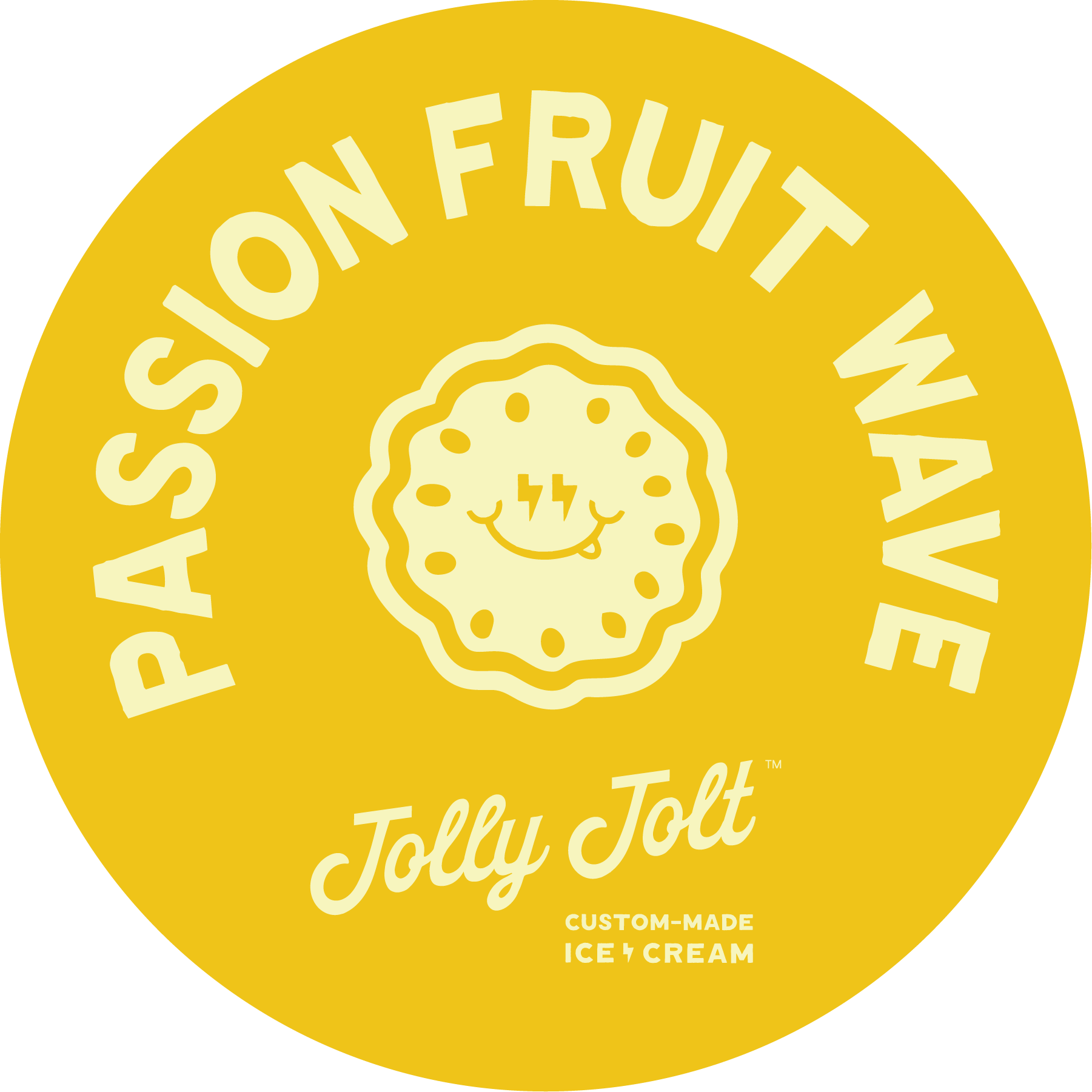 Yellow circular logo for Jolly Jolt ice cream with a smiling cookie mascot at the center. Text around the mascot reads 'Passion Fruit, Pineapple, Watermelon.' Below, it states 'Jolly Jolt' and 'Custom-Made Ice Cream.'