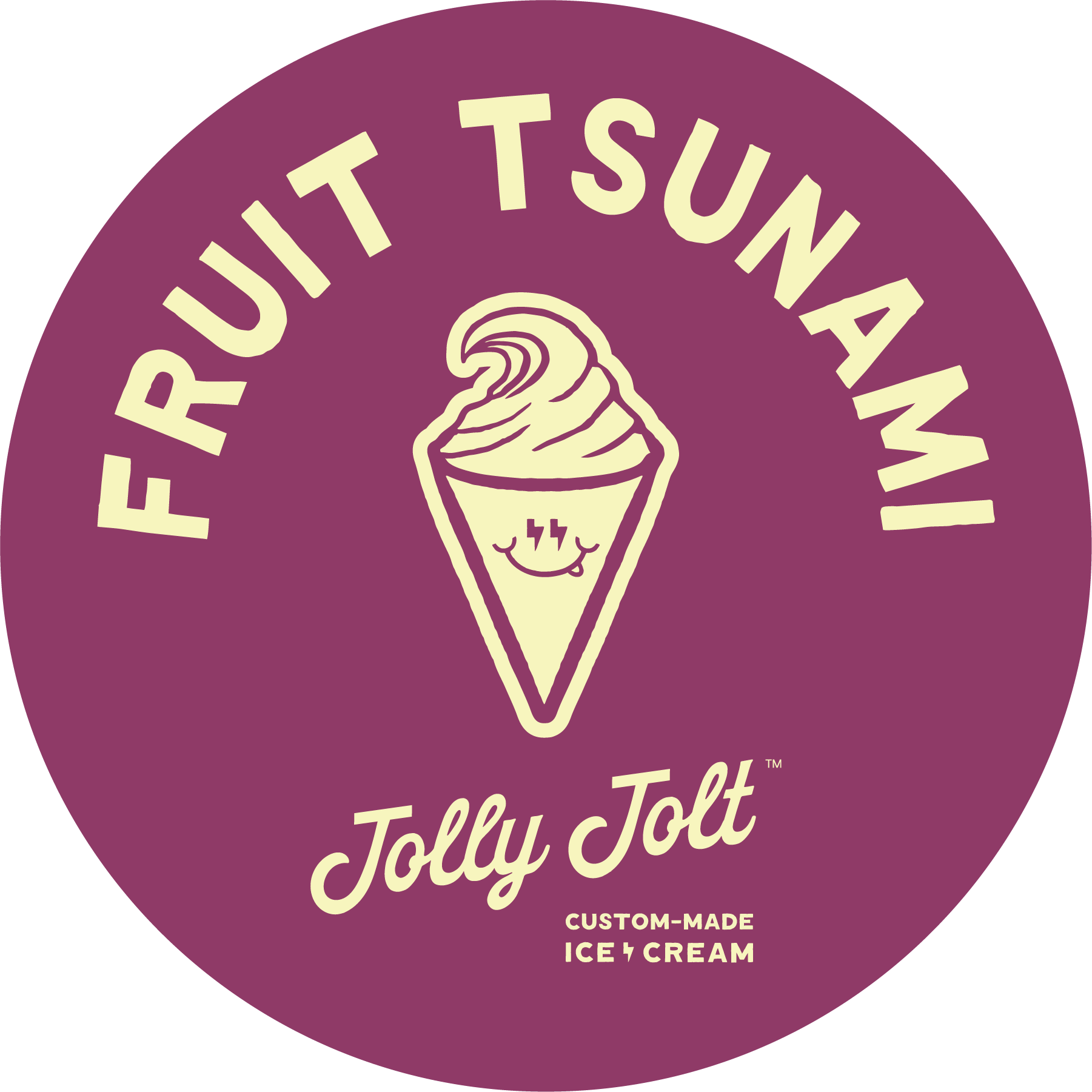 Logo for Fruit Tsunami Jolly Jolt custom-made ice cream featuring a whimsical ice cream cone with a smiling face and lightning bolt eyes, on a purple background.