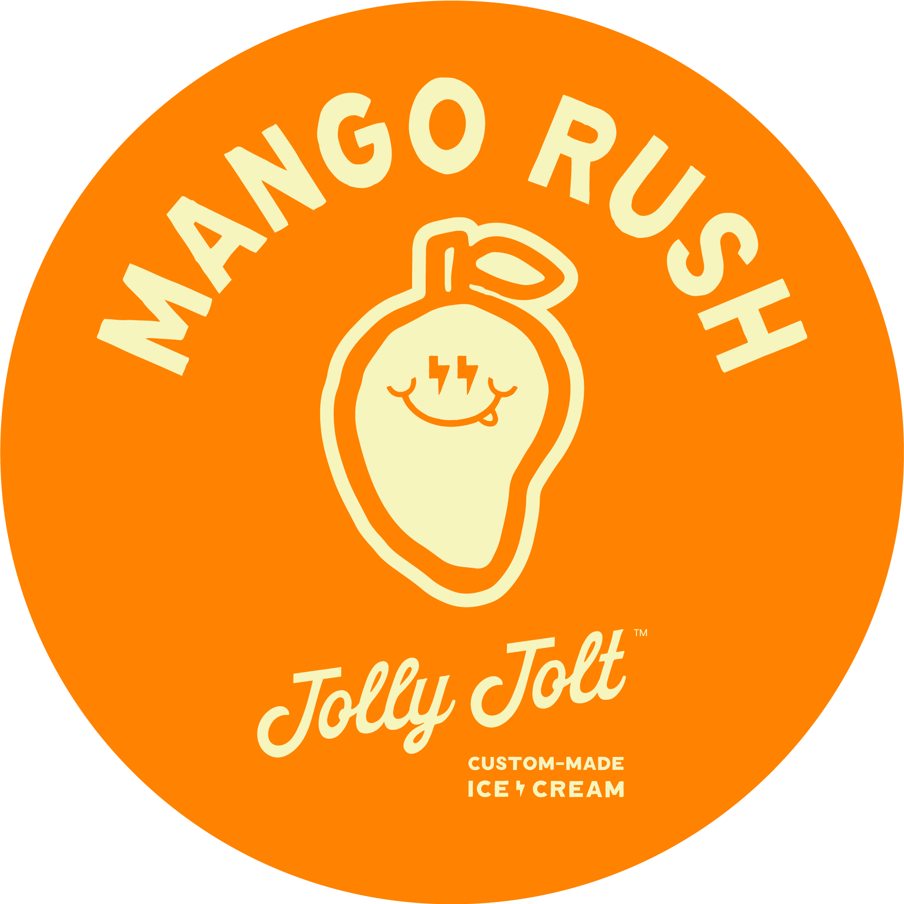 Orange circular logo with a cartoon jalapeño pepper smiling, closed eyes, tongue out, and lightning bolt-shaped eyebrows. Text above reads 'MANGO RUSH', below 'Jolly Jolt', and smaller text at the bottom 'CUSTOM-MADE ICE CREAM'.
