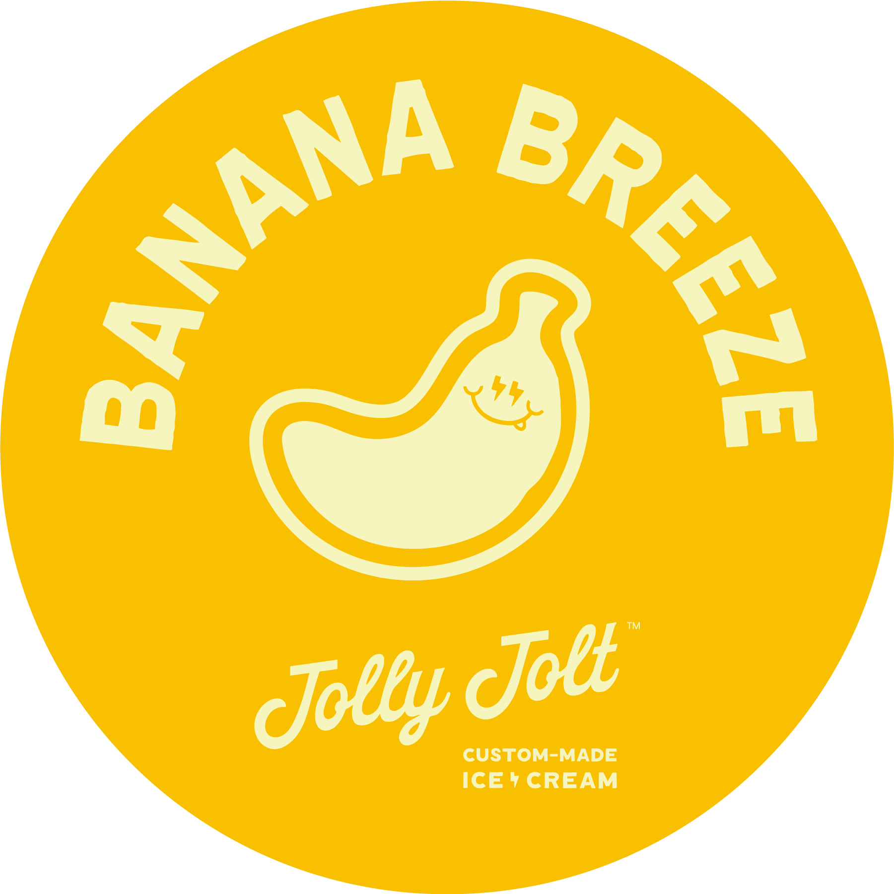 Yellow circular logo for Banana Breeze ice cream with a cartoon banana smiling, and text saying 'Banana Breeze' and 'Jolly Jolt'.