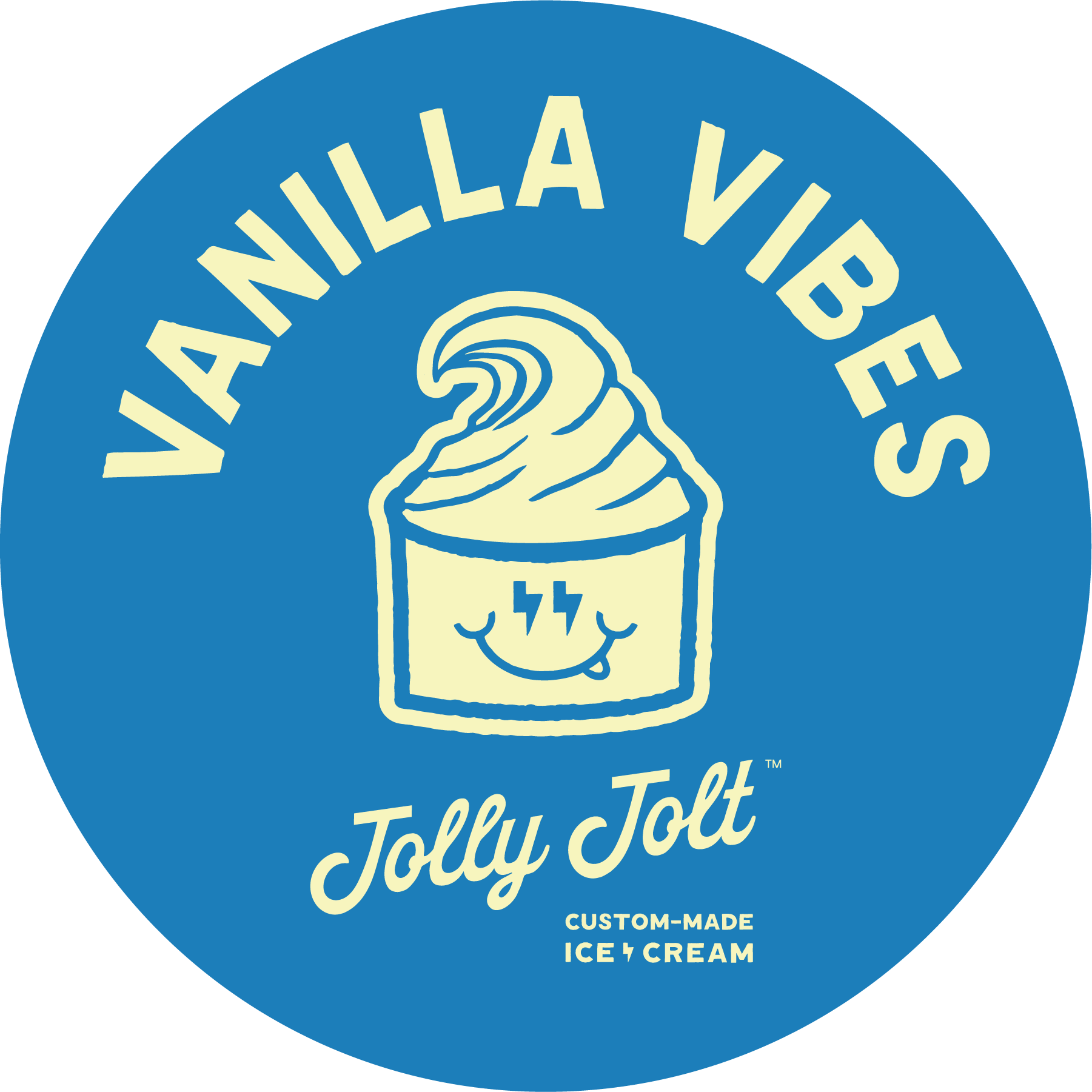 Blue circular logo for Vanilla Vibes Jolly Jolt, featuring a cartoon ice cream container with a smiling face, lightning bolt eyes, and whipped topping. Text includes product name and description: 'Vanilla Vibes', 'Jolly Jolt', and 'Custom-made ice cream'.