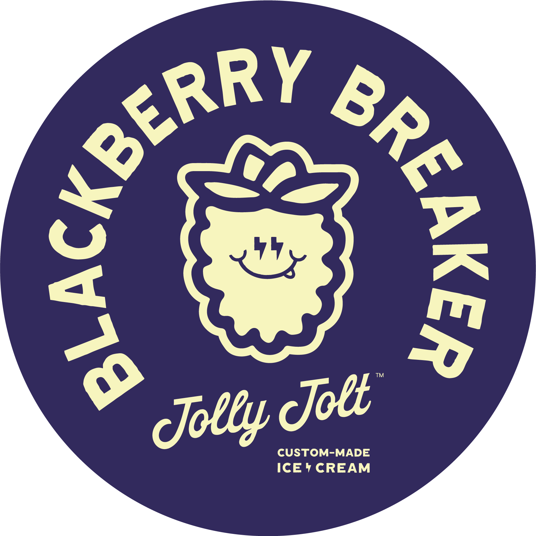 A circular logo for BlackBerry Breakeater featuring a cartoon sheep with lightning bolt eyes and a tongue, wearing a cowboy hat. The text reads "BlackBerry Breakeater" at the top, "Jolly Jolt" in script at the bottom, and "Custom-Made Ice Cream" underneath.