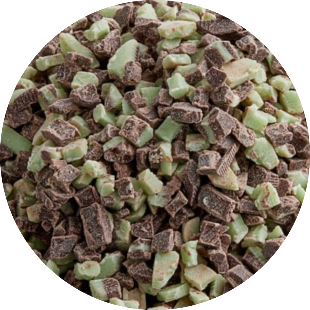 Close-up of diced green and brown chocolate chunks.
