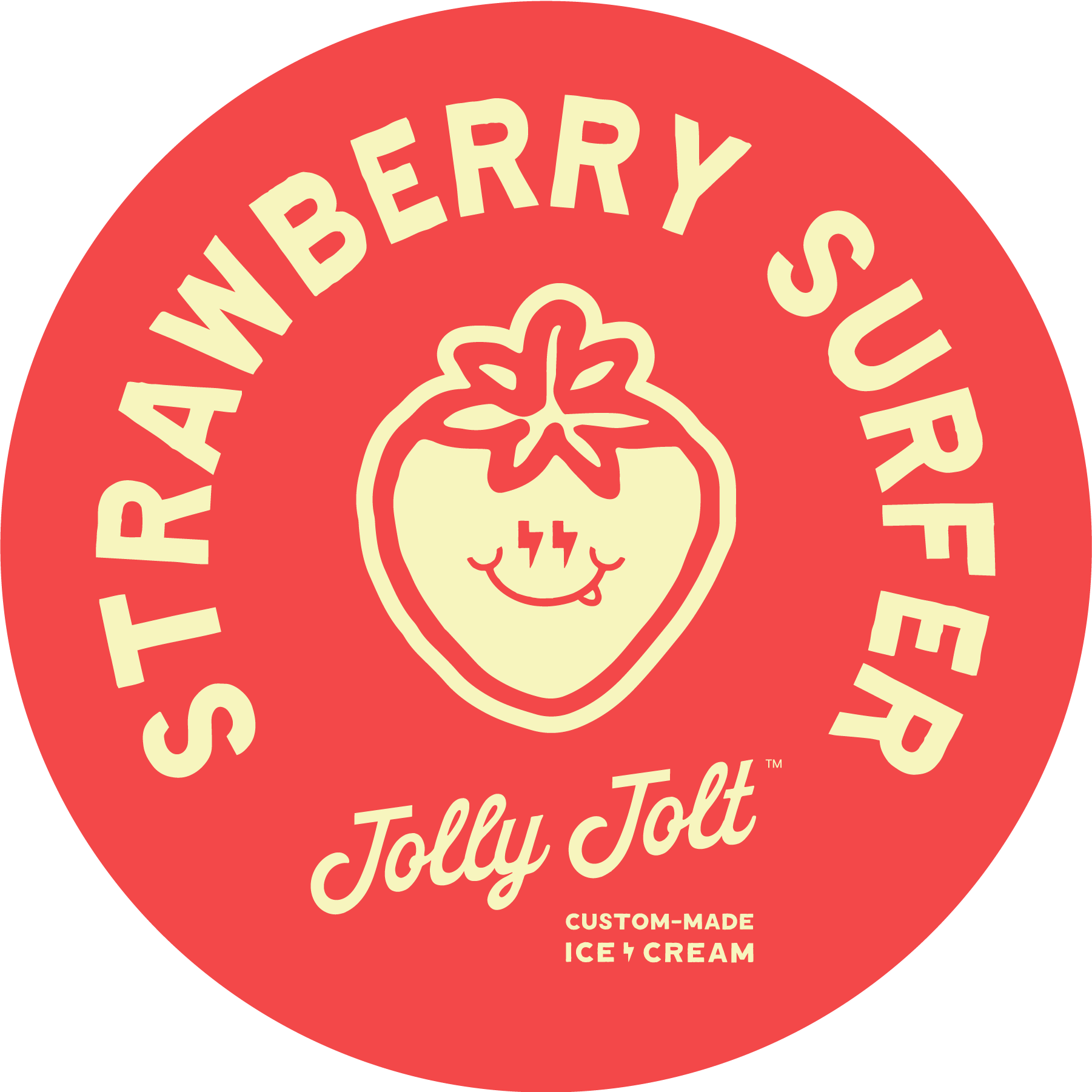 Red circular logo for Jolly Jolt strawberry-flavored ice cream, featuring a smiling cartoon strawberry with lightning bolt eyes, and the text "Strawberry Surfer" and "Jolly Jolt".