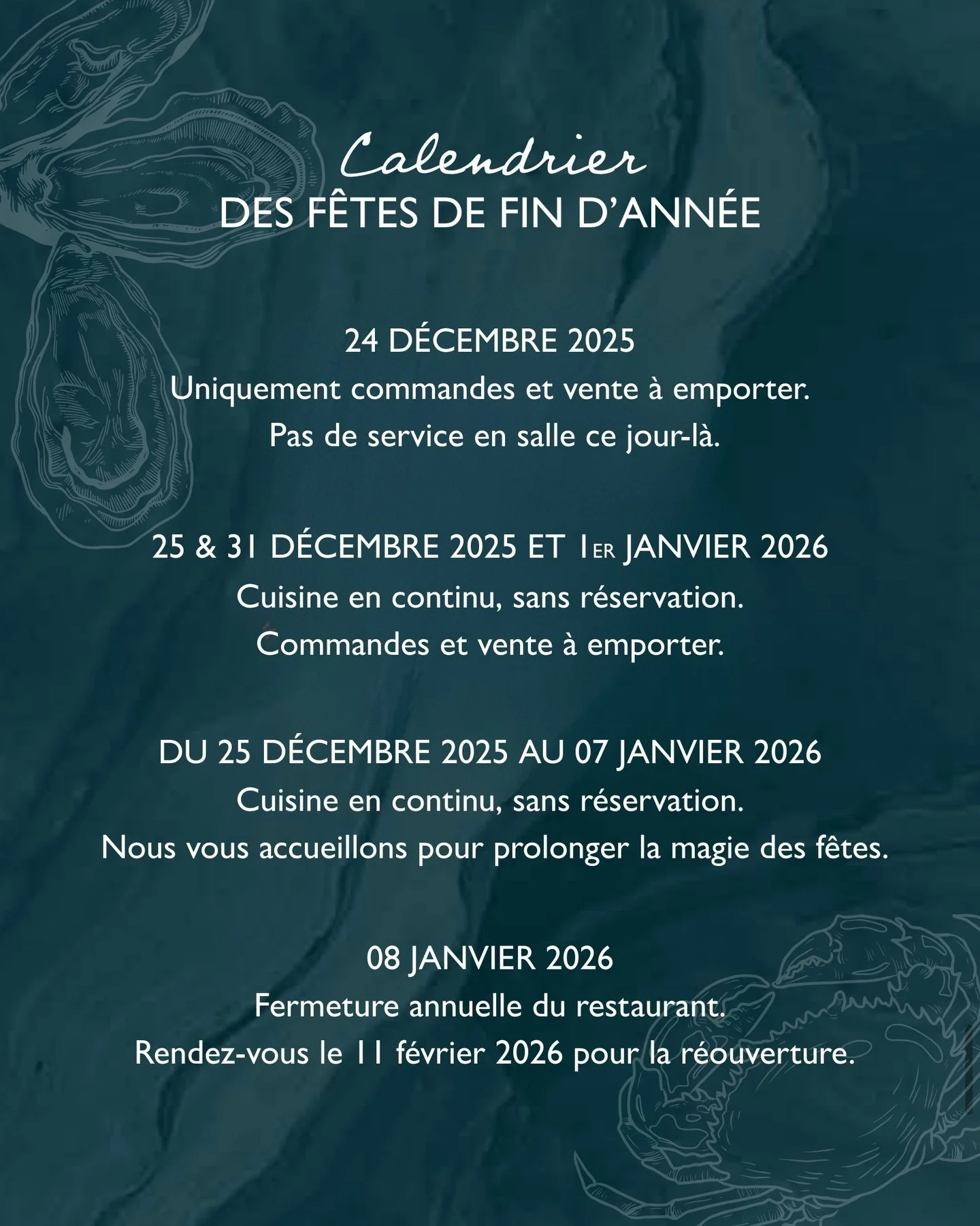 🎄🦪 En fin d&rsquo;ann&eacute;e, on s&rsquo;adapte pour mieux vous r&eacute;galer&hellip; &Agrave; emporter, sur place, en famille ou entre amis : on vous attend pour savourer la magie des f&ecirc;tes !
-
🎄🦪 At the end of the year, we adapt to del