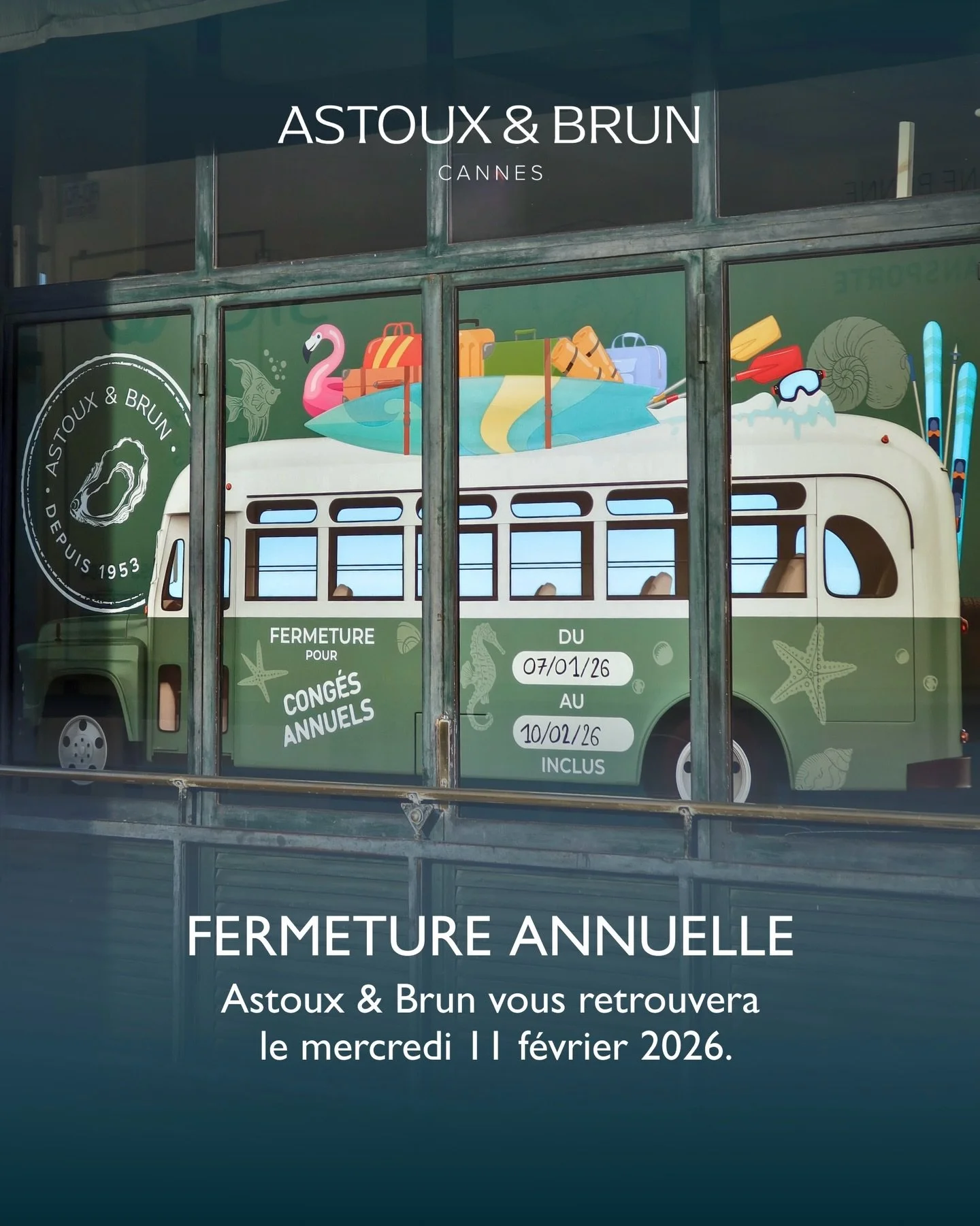 🦪✨ Apr&egrave;s des mois riches en saveurs, en rires partag&eacute;s et en plateaux bien garnis, l&rsquo;&eacute;quipe Astoux &amp; Brun s&rsquo;offre une pause bien m&eacute;rit&eacute;e.

📅 Rendez-vous le mercredi 11 f&eacute;vrier 2026 pour de n
