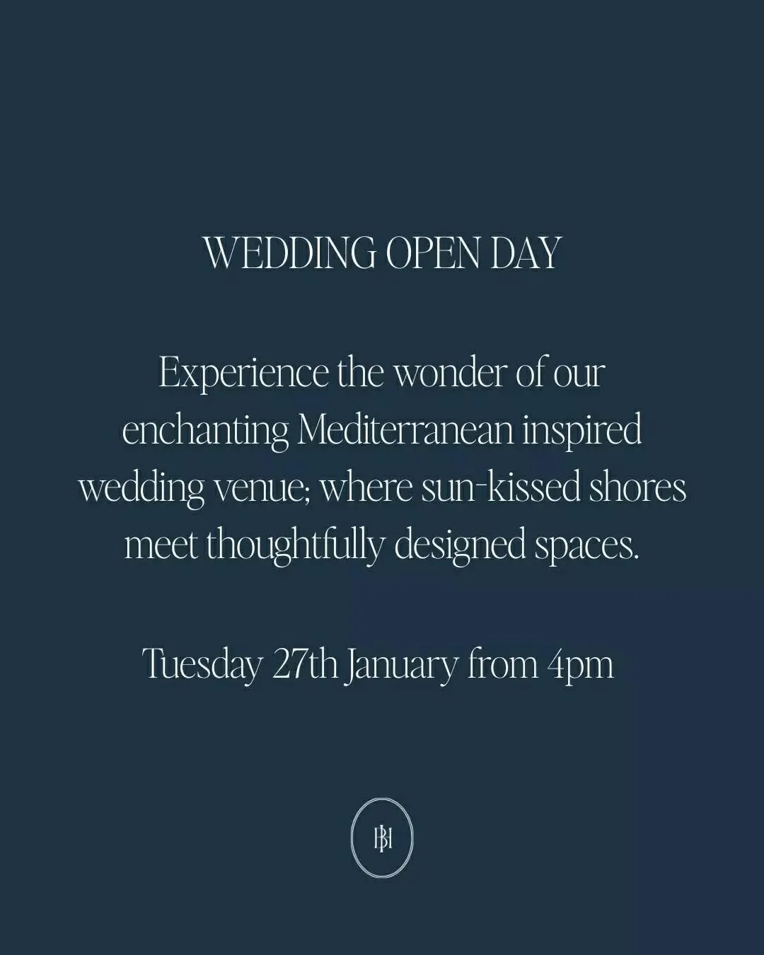 Wedding Open Day. Join us for our Coastal Wedding Open Day on Tuesday, 27 January from 4pm and experience the wonder of our enchanting Mediterranean-inspired wedding venue, where sun kissed shores meet thoughtfully designed spaces.

Whether you&rsquo