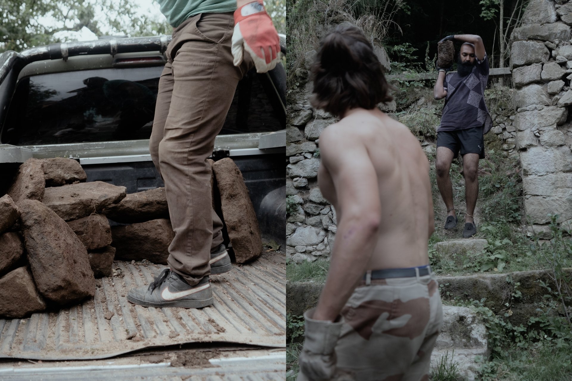 Antoine (France) and Varun (India), volunteers, hauling rocks for a new bench and vegetable terrace.