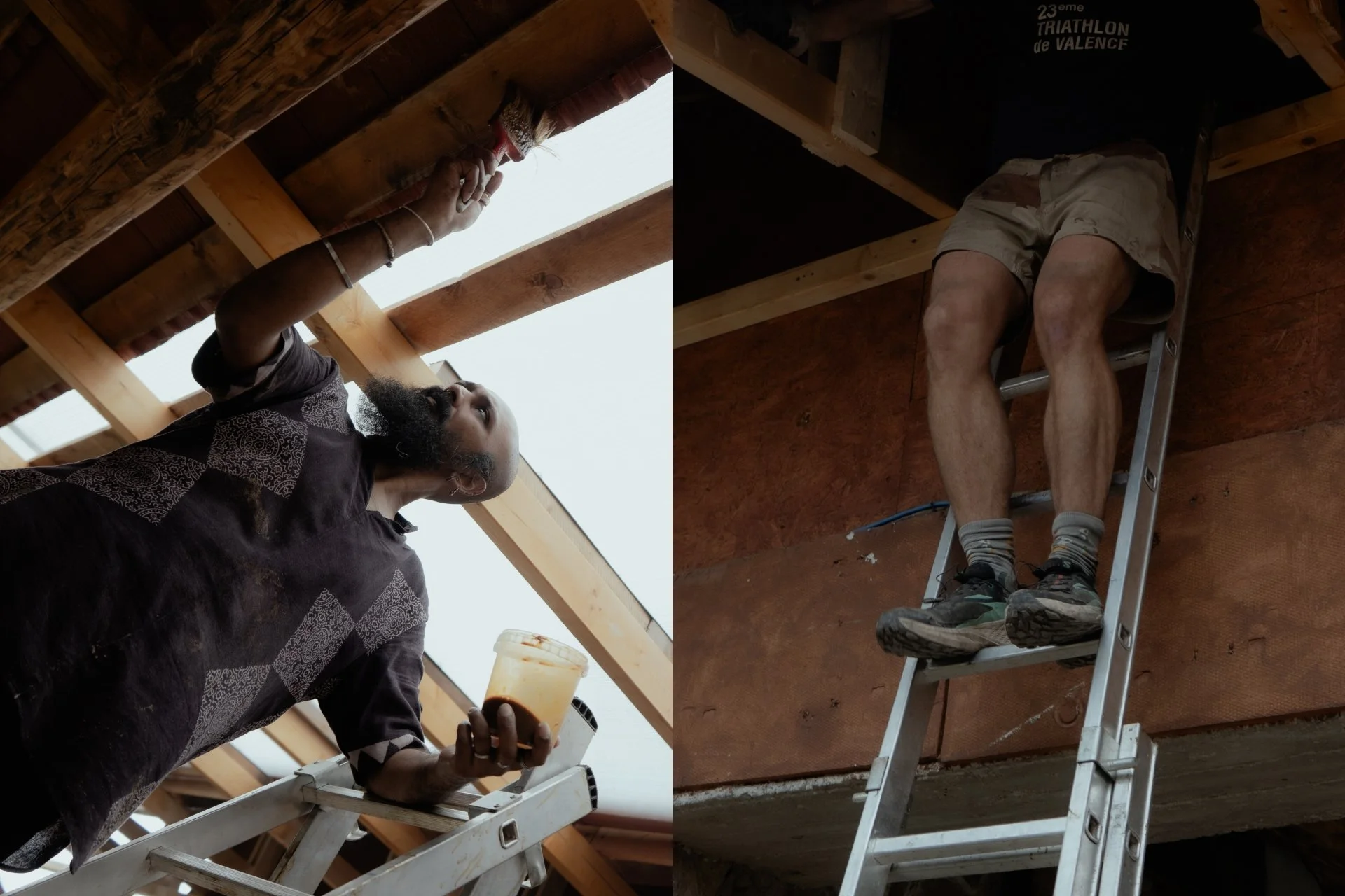 Varun and Antoine oiling the beams of the outdoor kitchen.