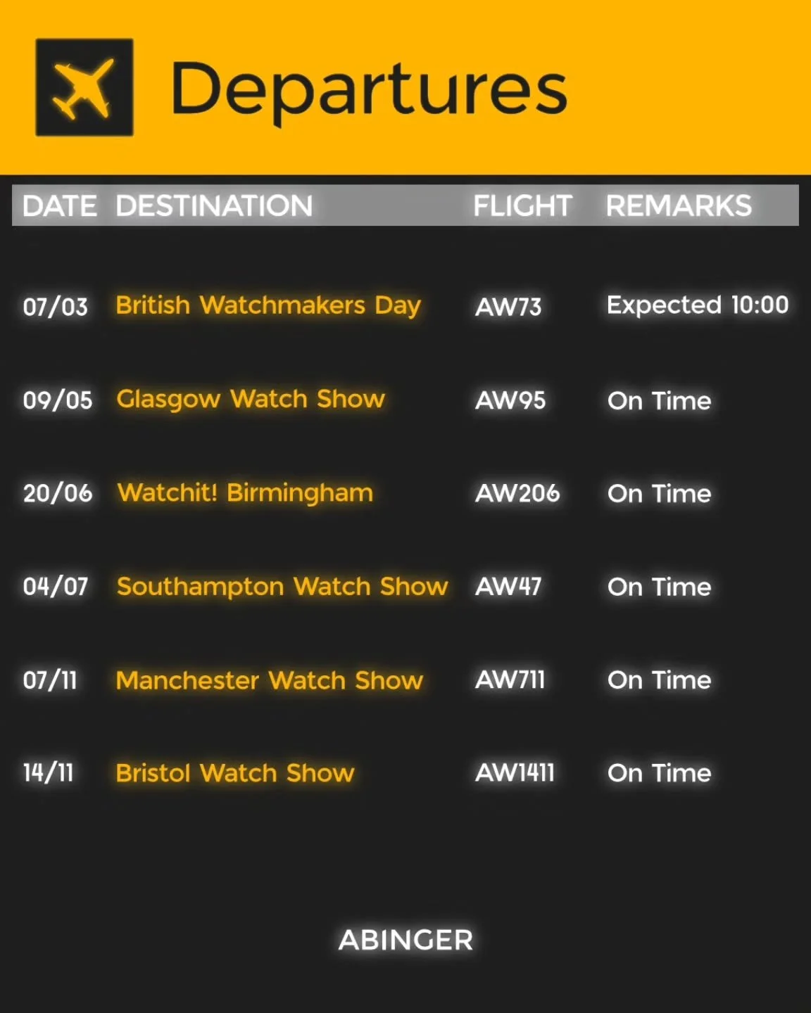 Where will you find Abinger this year? 

We will be starting our UK tour in March with the @britishwatchmakers day and ending with our local @bristolwatchshow in November. 

Between that, we will be up and down the length of the UK which should give 
