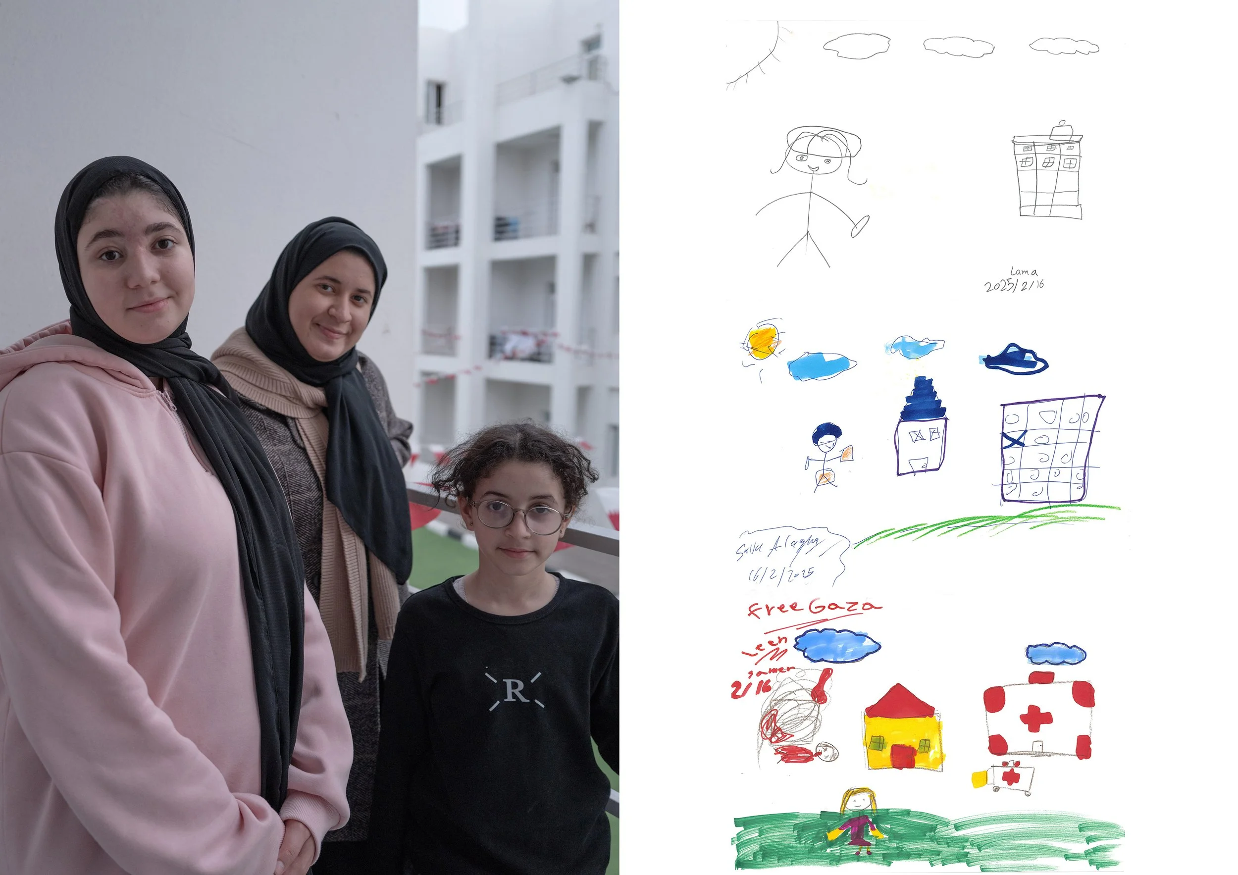 The al-Agha sisters — Sara, 17; Lama, 15; Leen, 9 (from left). All three sisters dream of rebuilding Gaza and making it as beautiful as Doha. Before the war, Lama dreamed of opening a restaurant in Gaza, as she excels at cooking noodles and baking ca